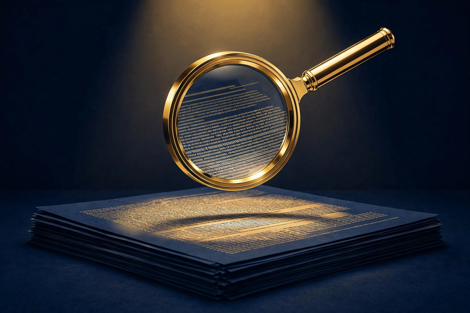 Magnifying glass over the fine print of mortgage loan documents — read your down payment assistance terms carefully