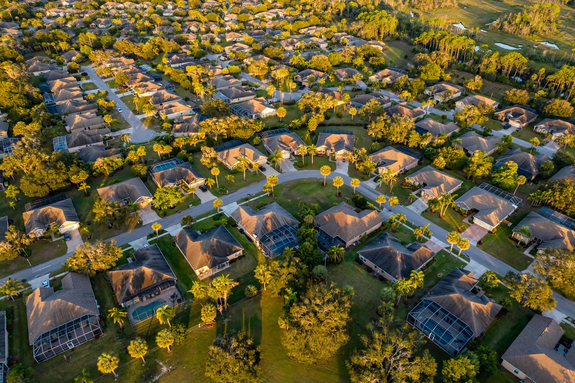 Aerial view of a Jacksonville Florida neighborhood at golden hour