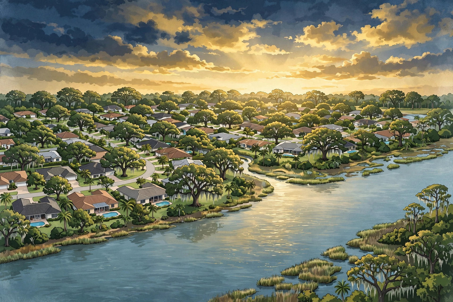 Aerial view of a Jacksonville Florida neighborhood near the St. Johns River — a strong market for VA homebuyers