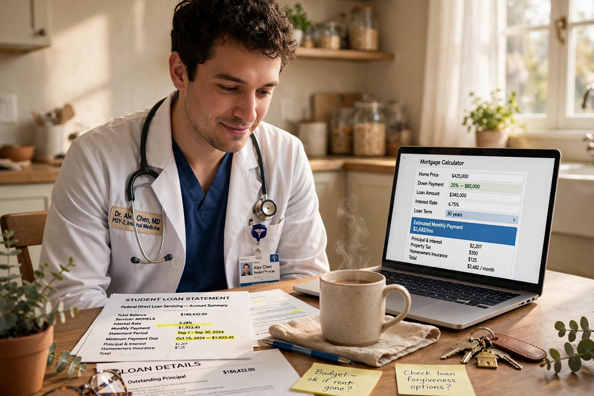 Medical resident reviewing student loan statements and mortgage numbers before applying for a physician loan in Florida