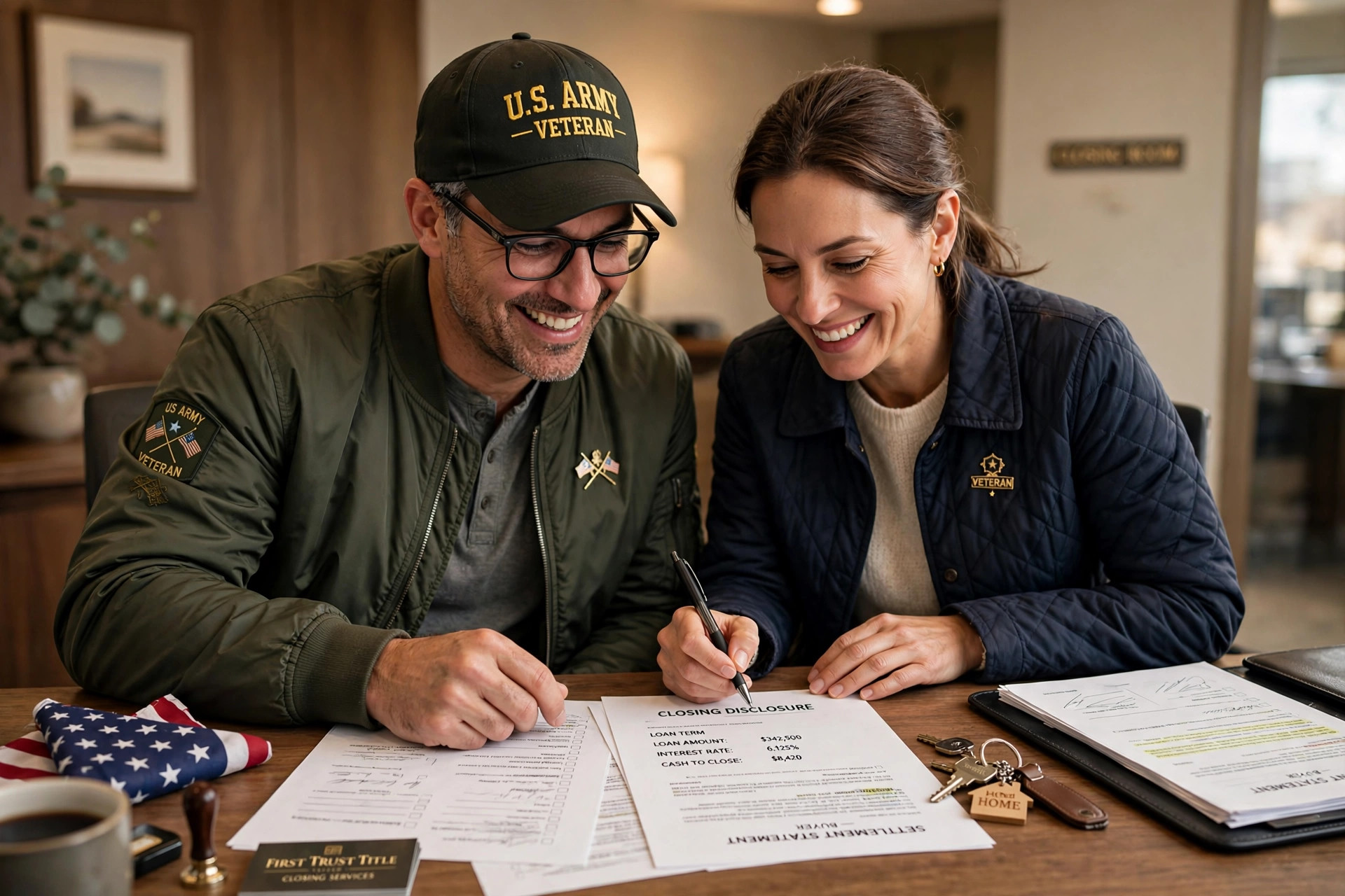 Veteran couple at a closing table signing VA home loan documents