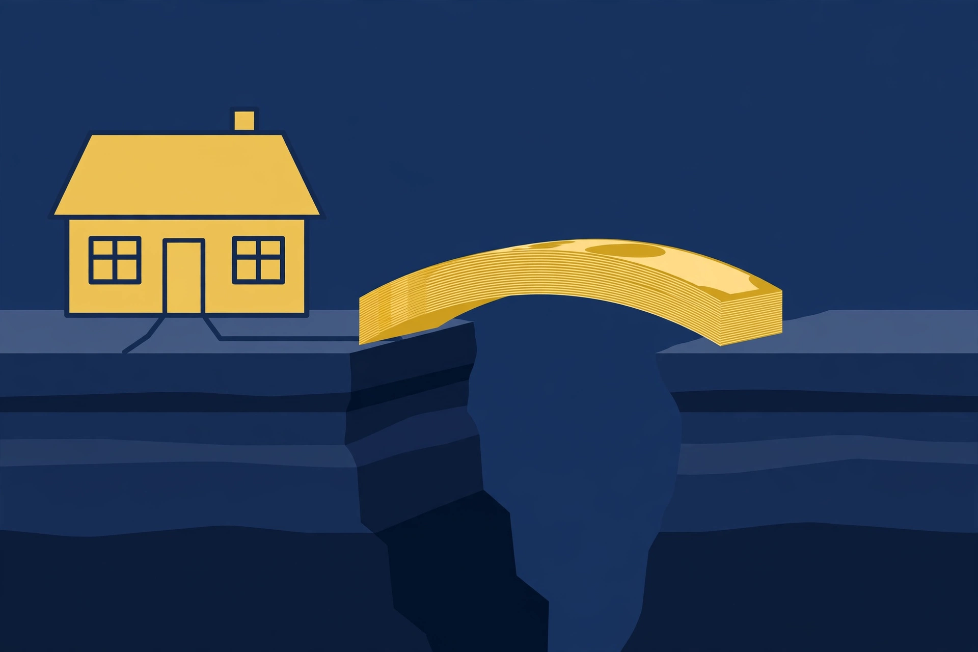 Illustration of a house with a bridge of dollar bills spanning an equity gap