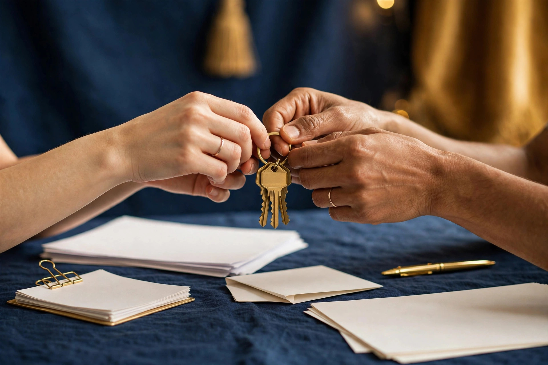 Two sets of hands holding house keys over mortgage documents