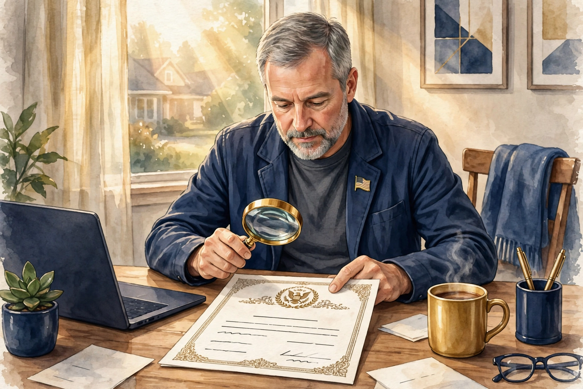 Veteran reviewing his Certificate of Eligibility with a magnifying glass to confirm VA funding fee exemption status