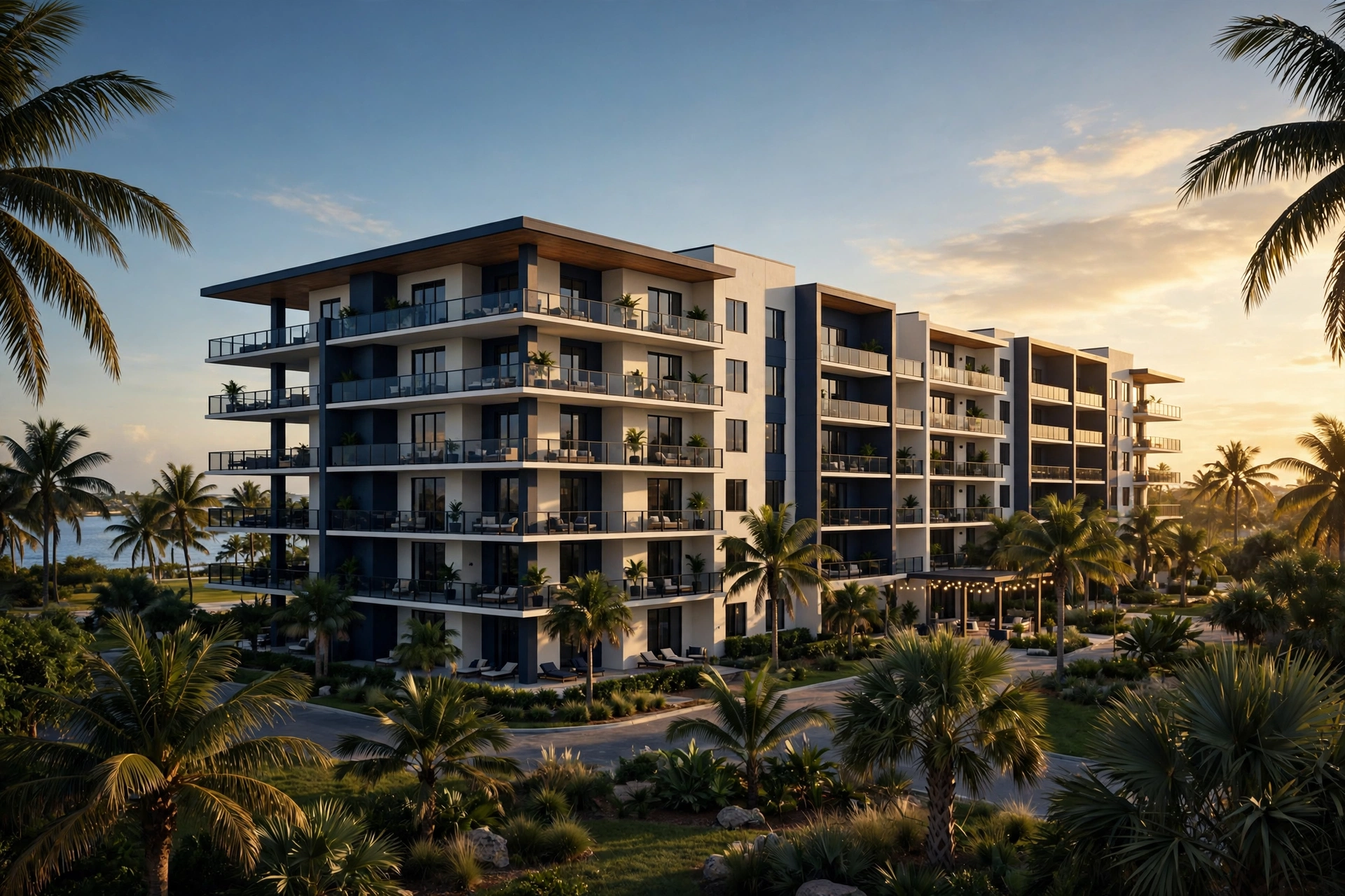 Modern Florida condominium building with balconies and palm trees at golden hour — Florida condo financing rules changed in 2026