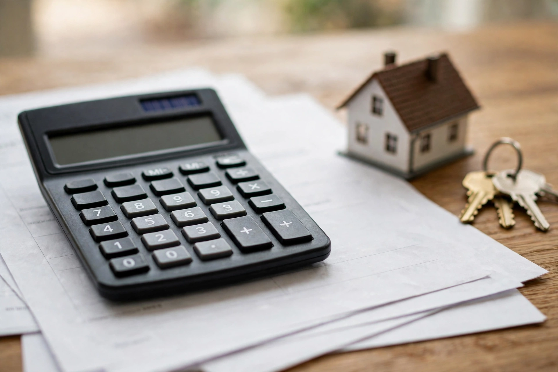 Calculator on mortgage loan paperwork beside a model house and keys — the math behind a temporary rate buydown