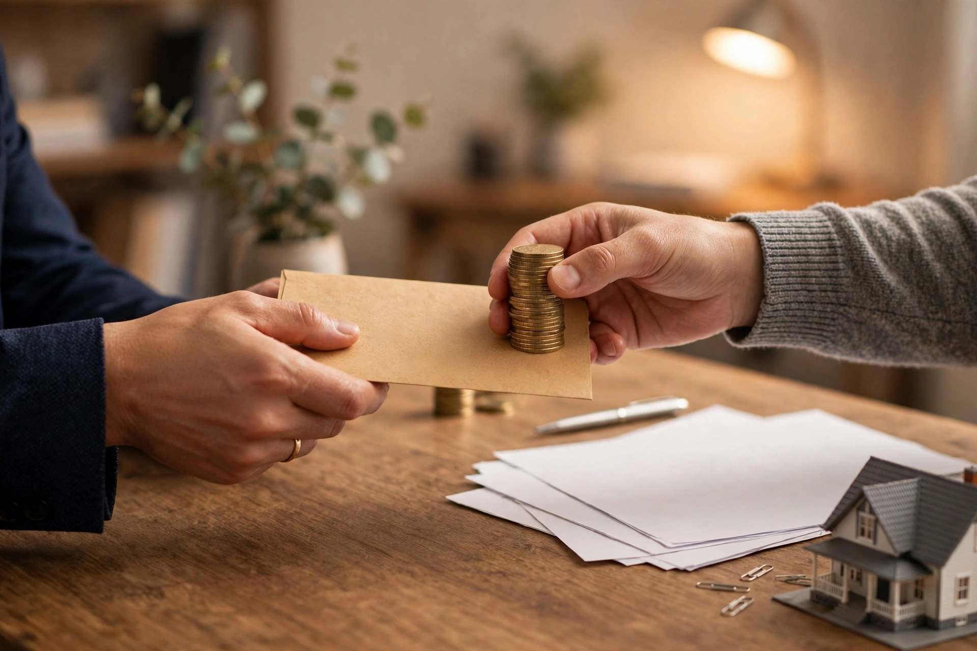 Hands exchanging an envelope and coin stack over mortgage documents — a seller concession funding a buyer's buydown at closing