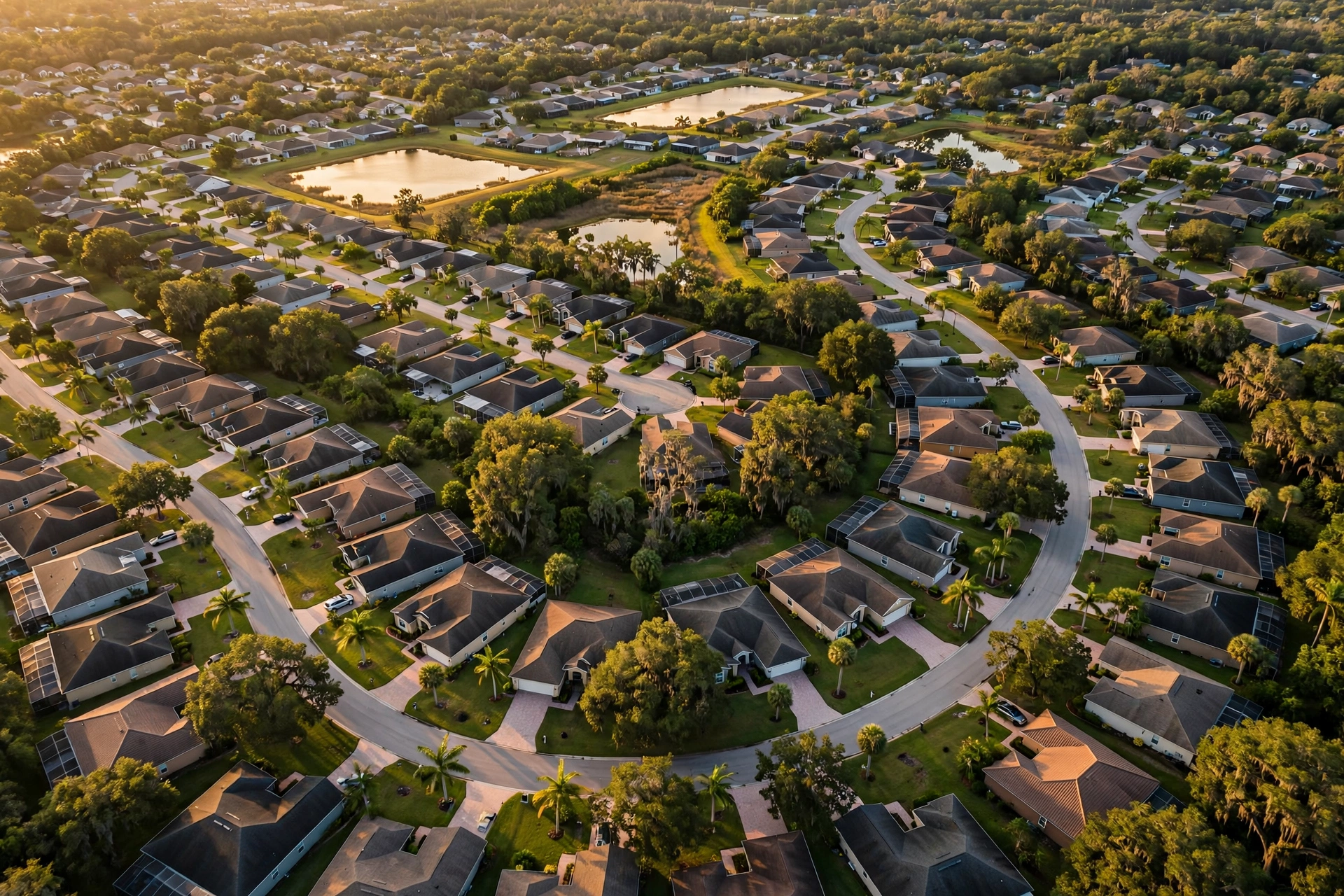 Aerial view of a suburban Jacksonville Florida neighborhood at golden hour