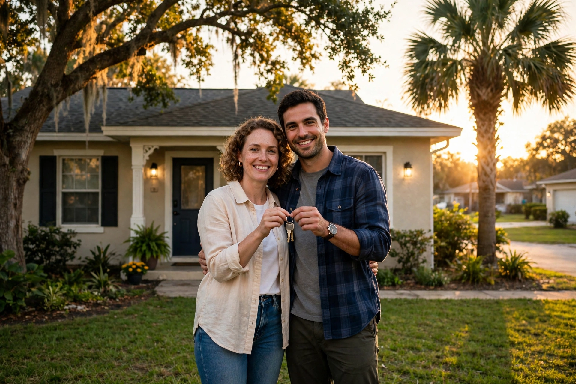 Young couple holding house keys in front of a modest Florida home in Jacksonville