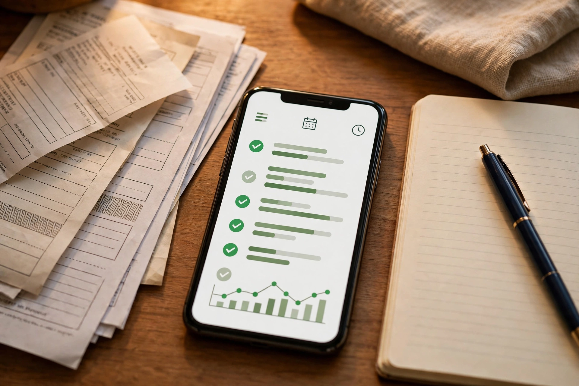 Rent receipts, utility bills, and payment records laid out on a kitchen table