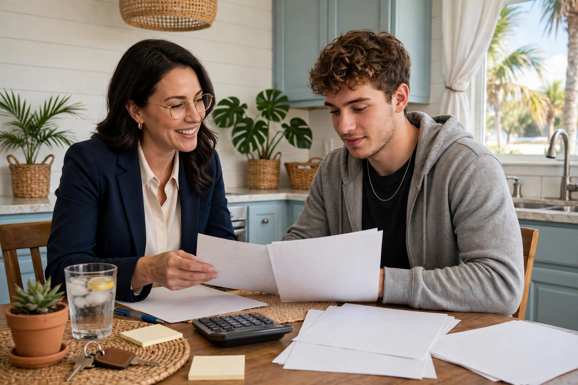 Mortgage broker reviewing paperwork with a borrower at a kitchen table