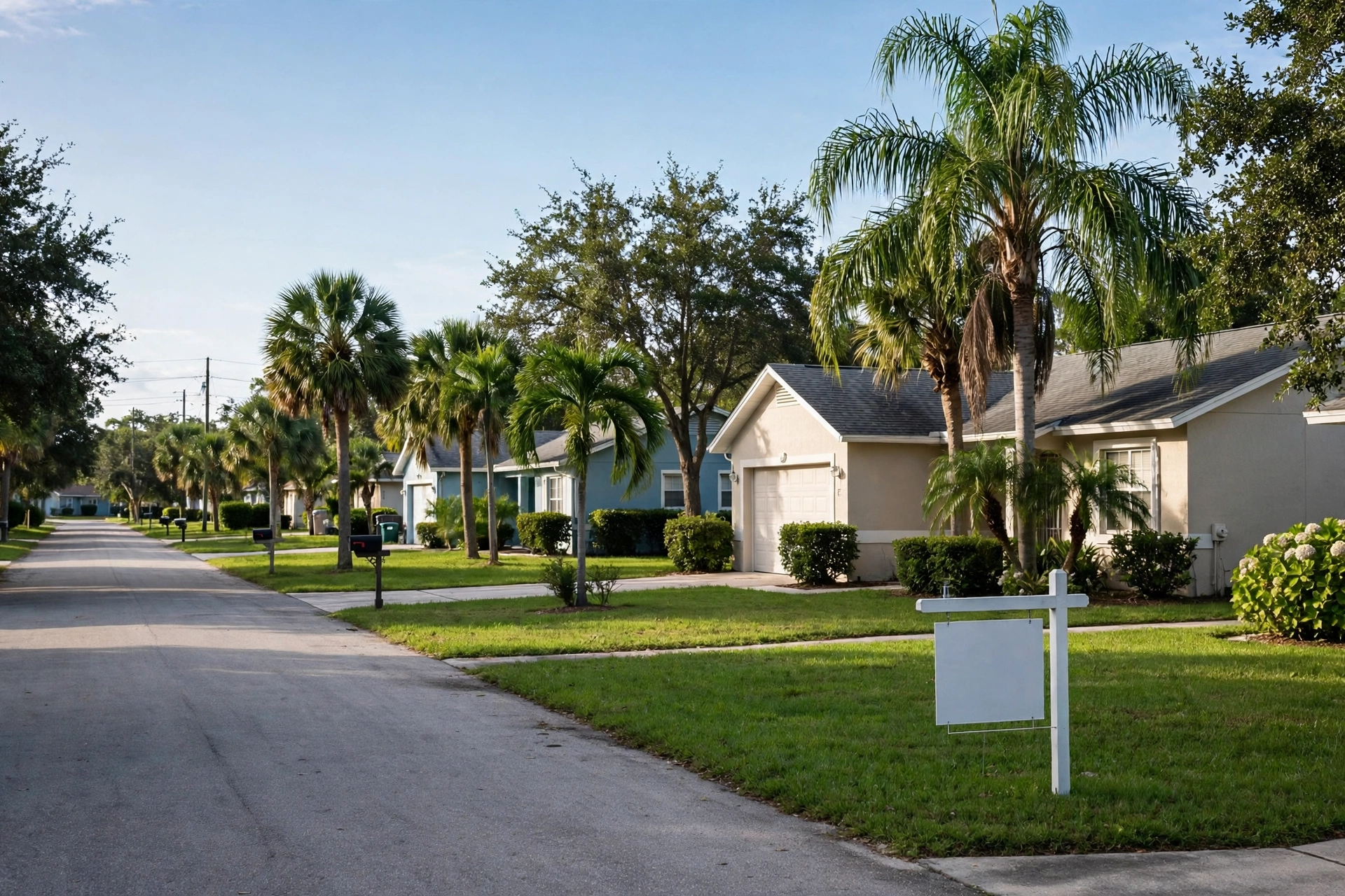 Quiet Jacksonville residential street with modest single-family homes and palm trees