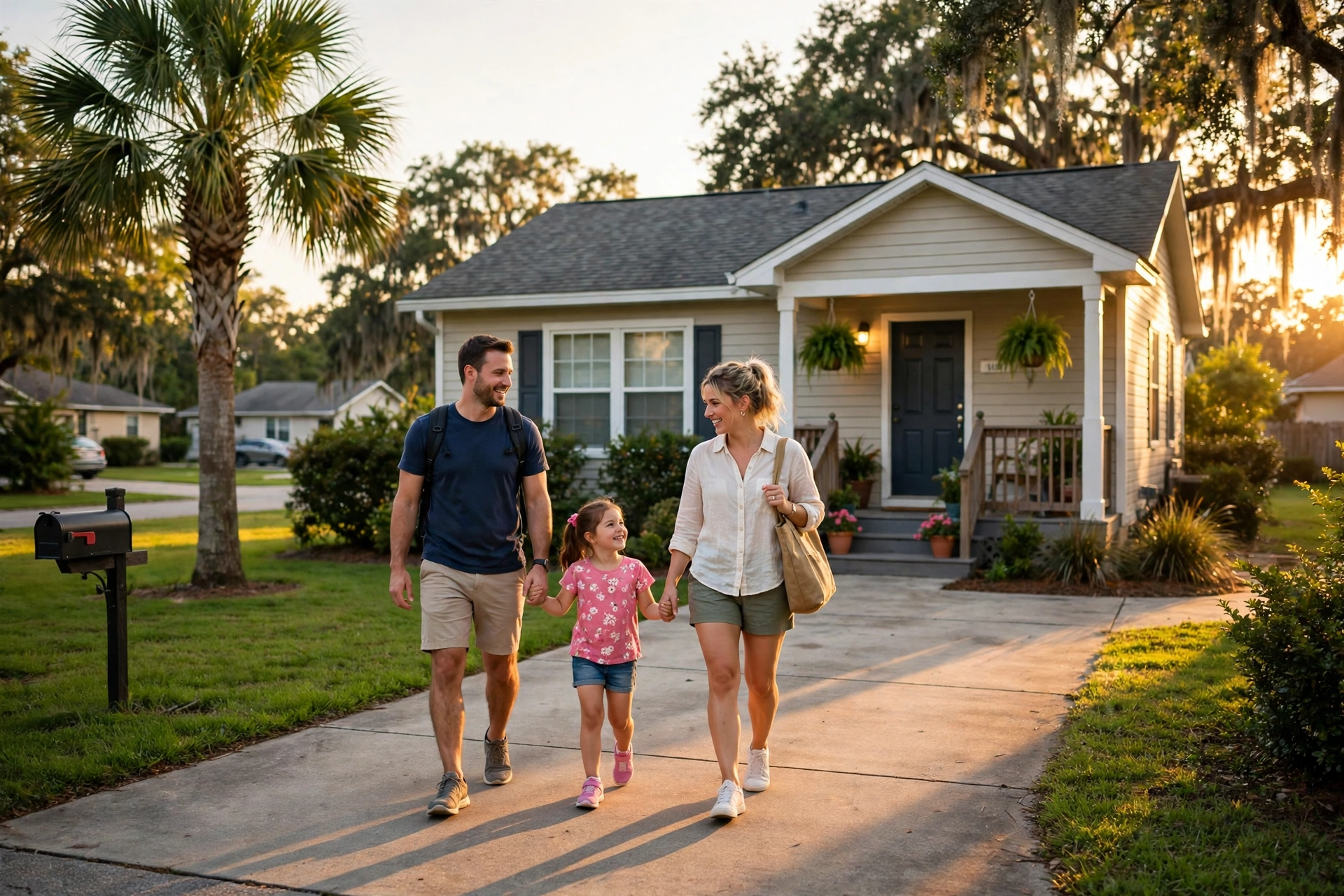 A single-family home in Jacksonville, Florida, with a palm tree and front porch in warm afternoon light