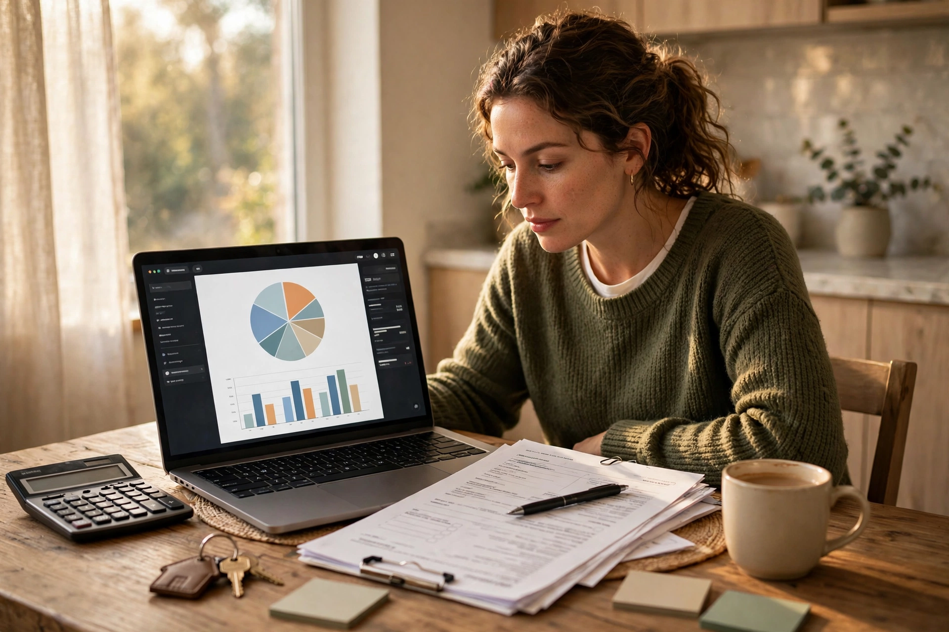A homebuyer at a kitchen table working through mortgage payment math with a calculator and loan paperwork
