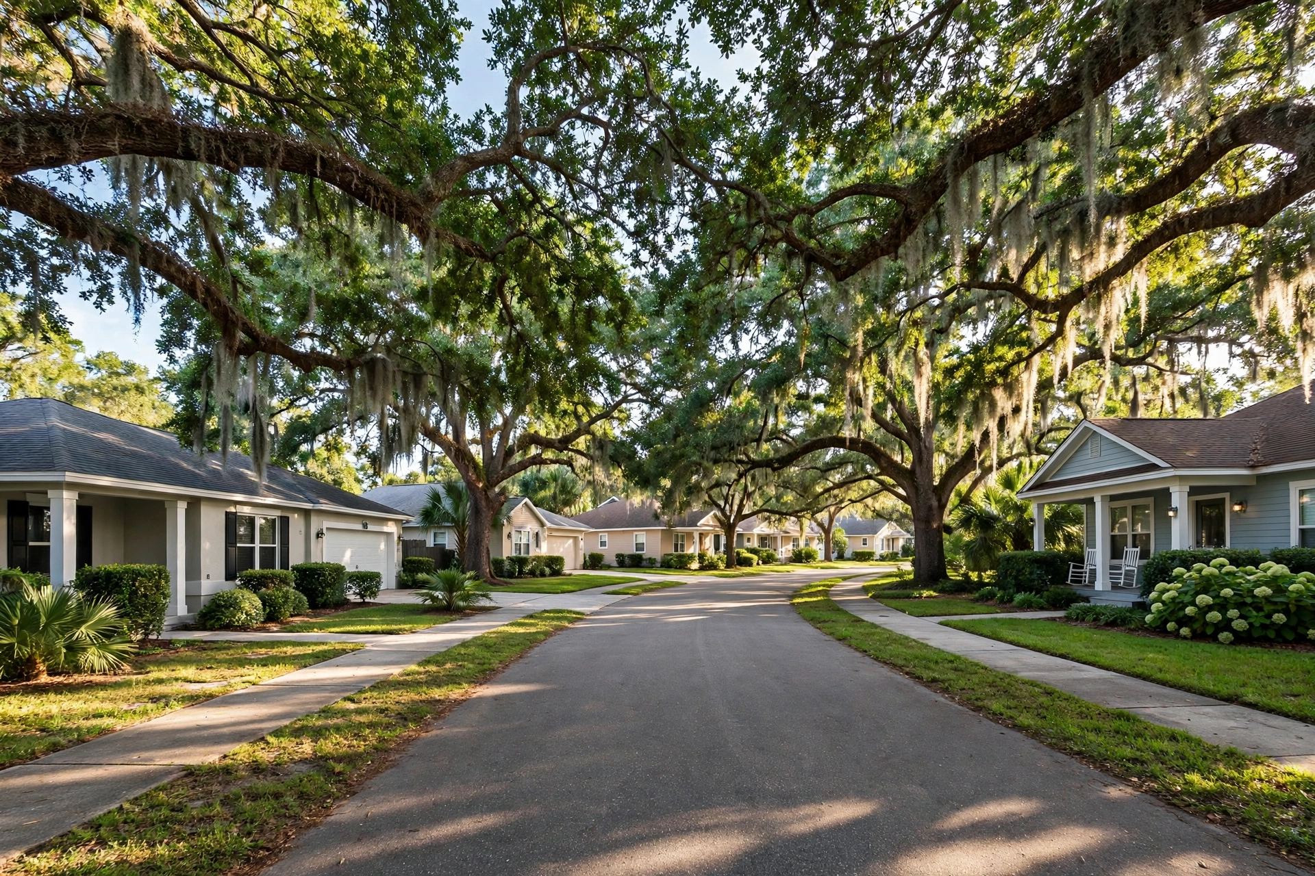 A tree-lined residential street in Jacksonville Beach, Florida, with single-family homes