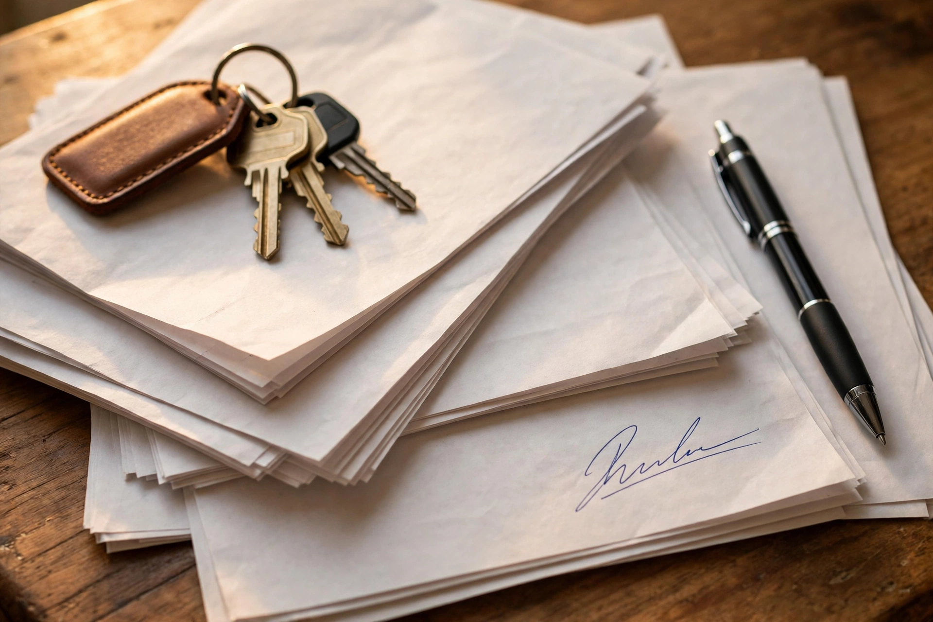 House keys on a closing table next to signed mortgage documents