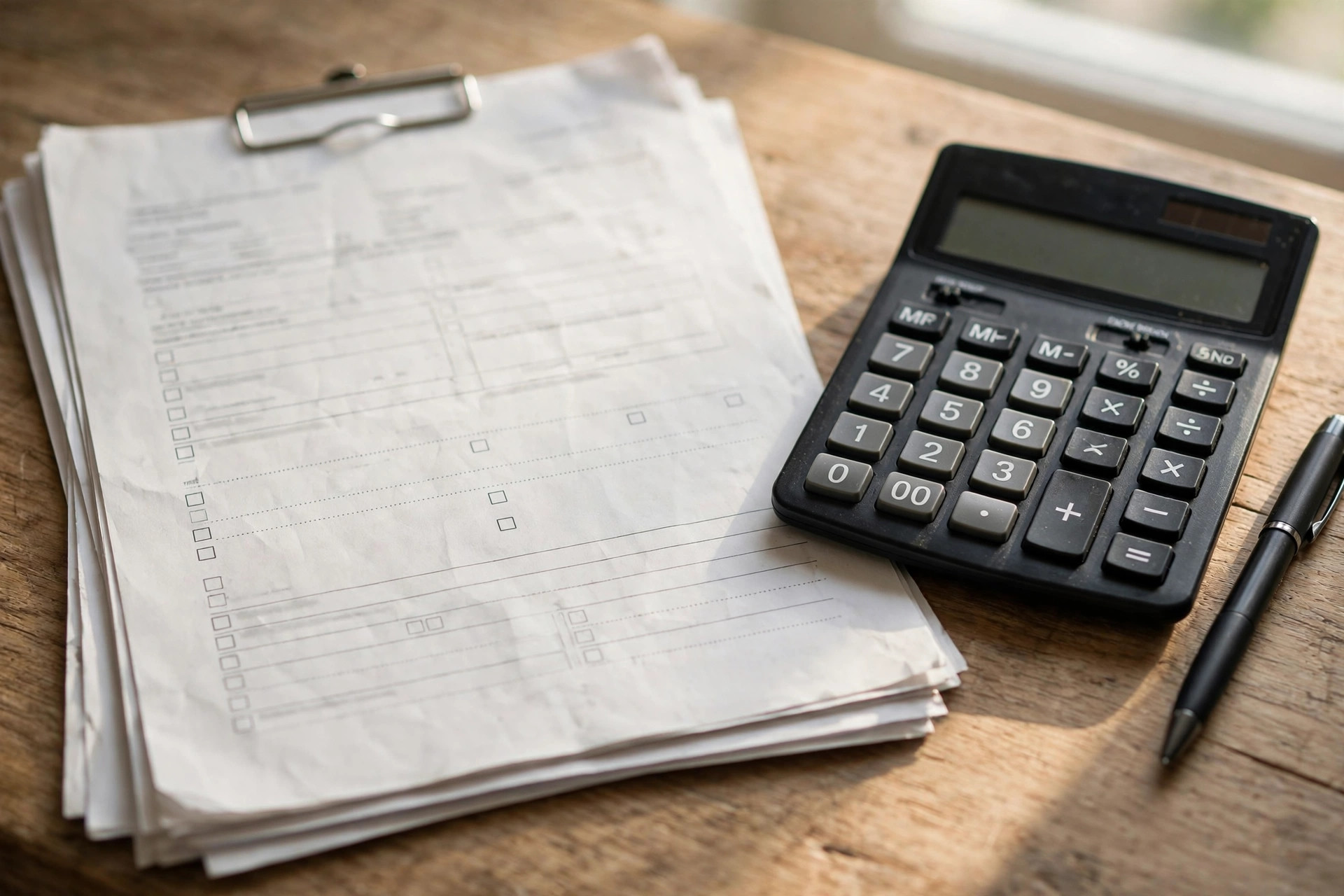 Credit report paperwork and a calculator on a desk