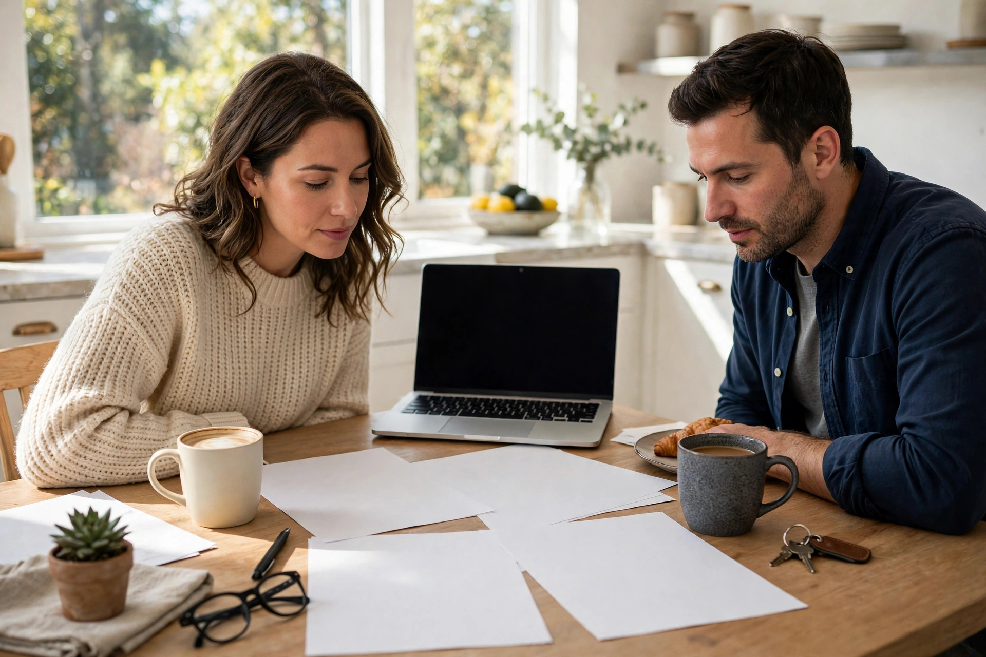 A couple reviewing mortgage paperwork together at a kitchen table