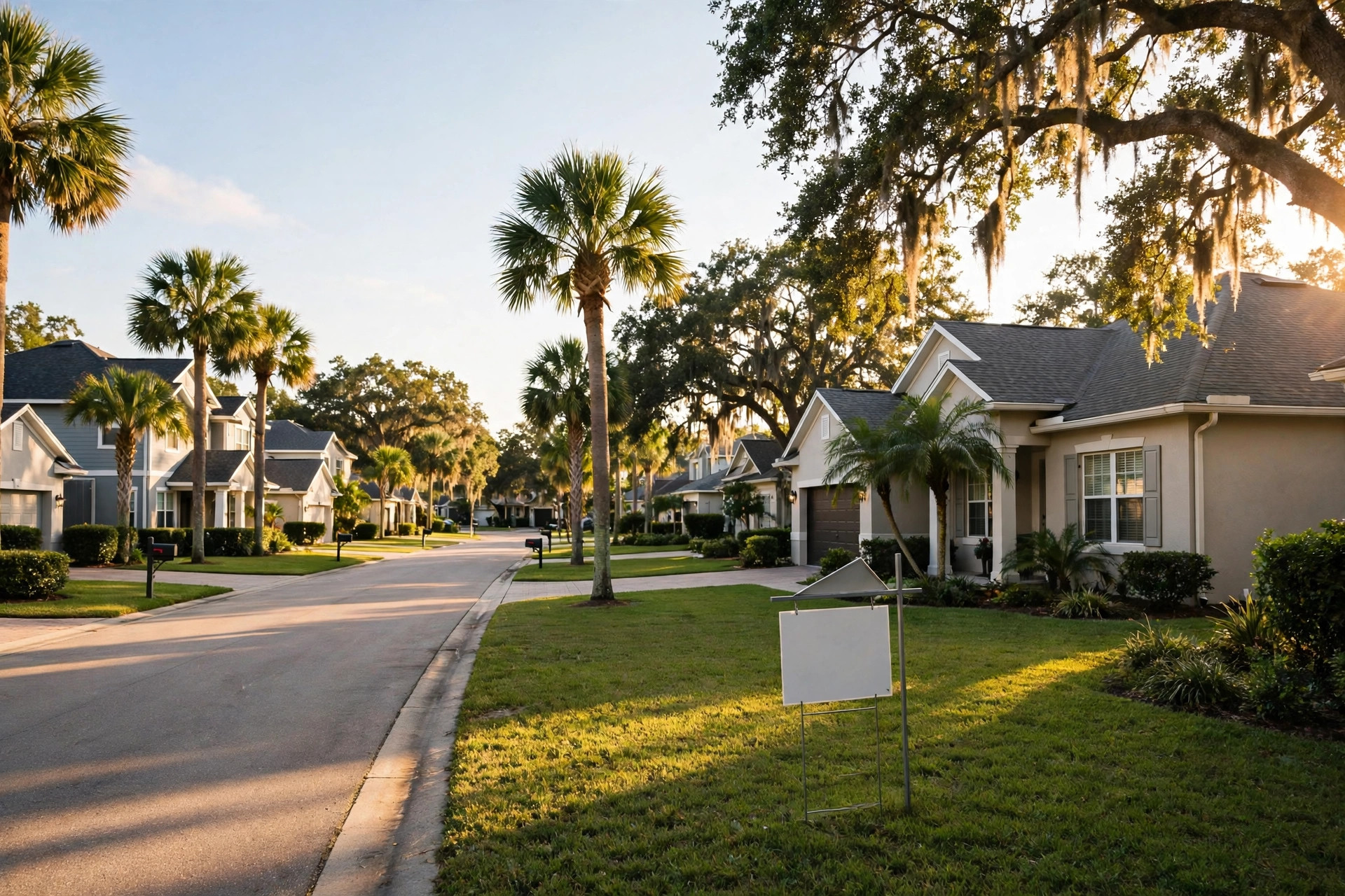A sunny Jacksonville residential street with well-kept homes and palm trees