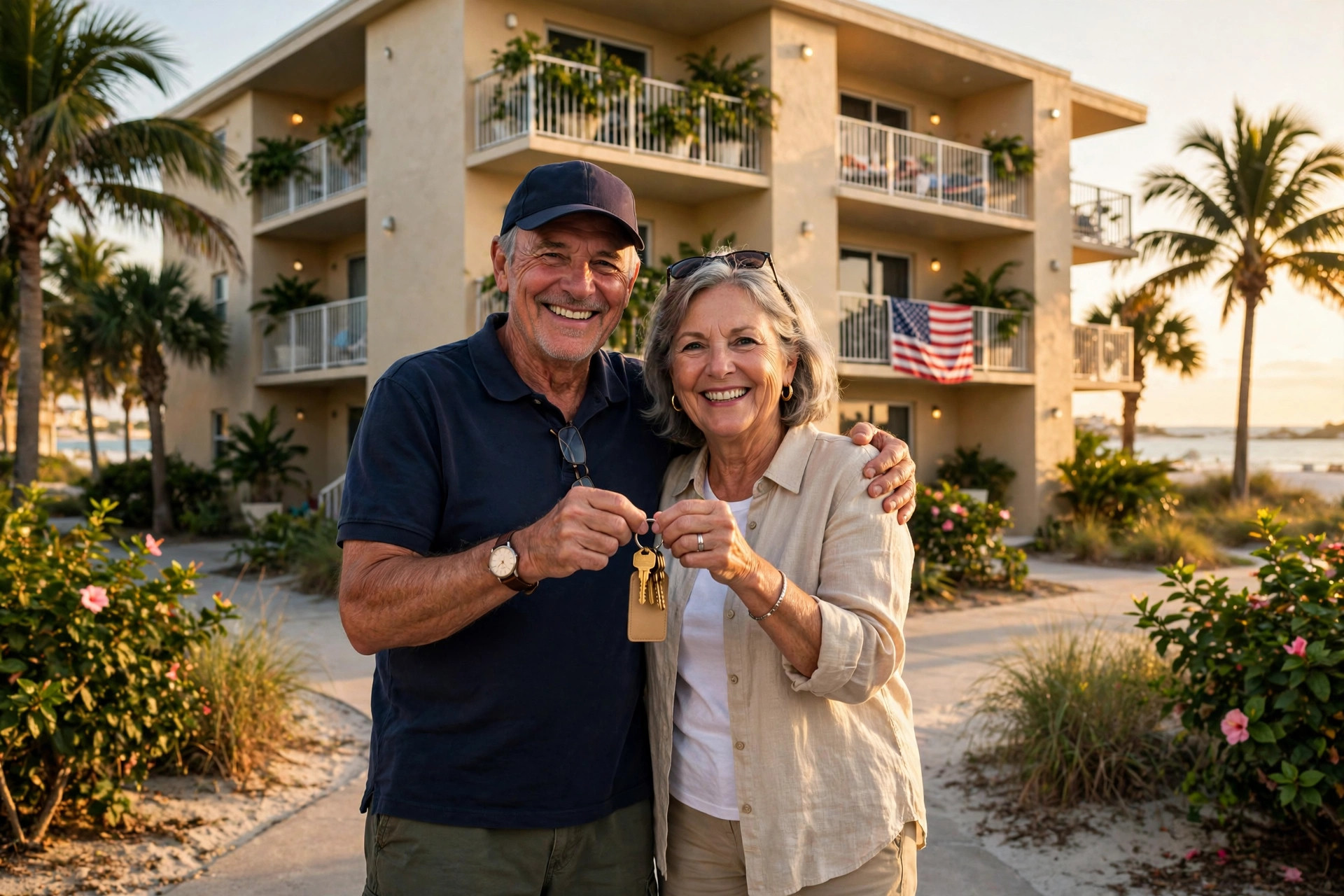 Veteran couple holding keys in front of a Florida beach condo building — buying a condo with a VA loan requires a VA-approved project