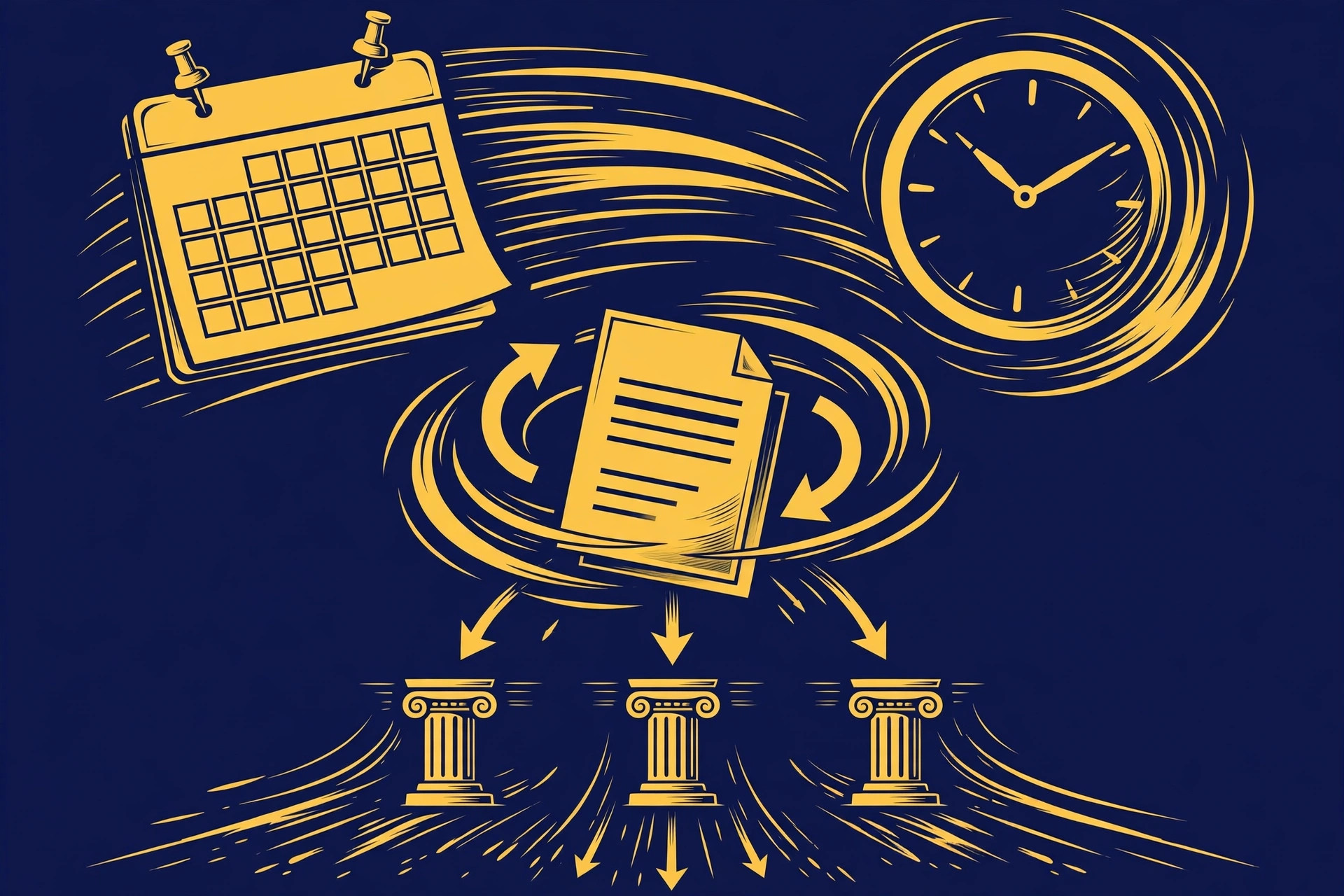 Calendar, clock, and a credit report being refreshed with golden arrows toward three credit-bureau pillars, illustrating the three-to-five business day rapid rescore timeline