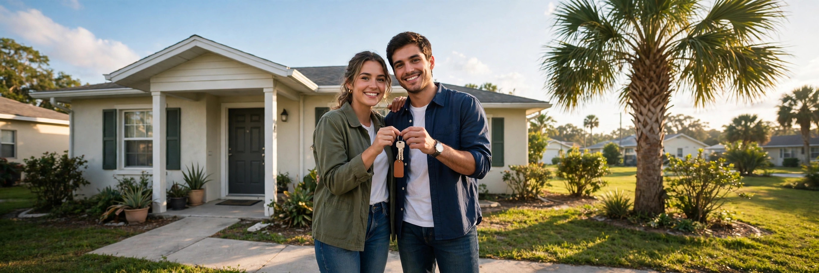 First-time homebuyers holding the keys to their first Florida home in Jacksonville