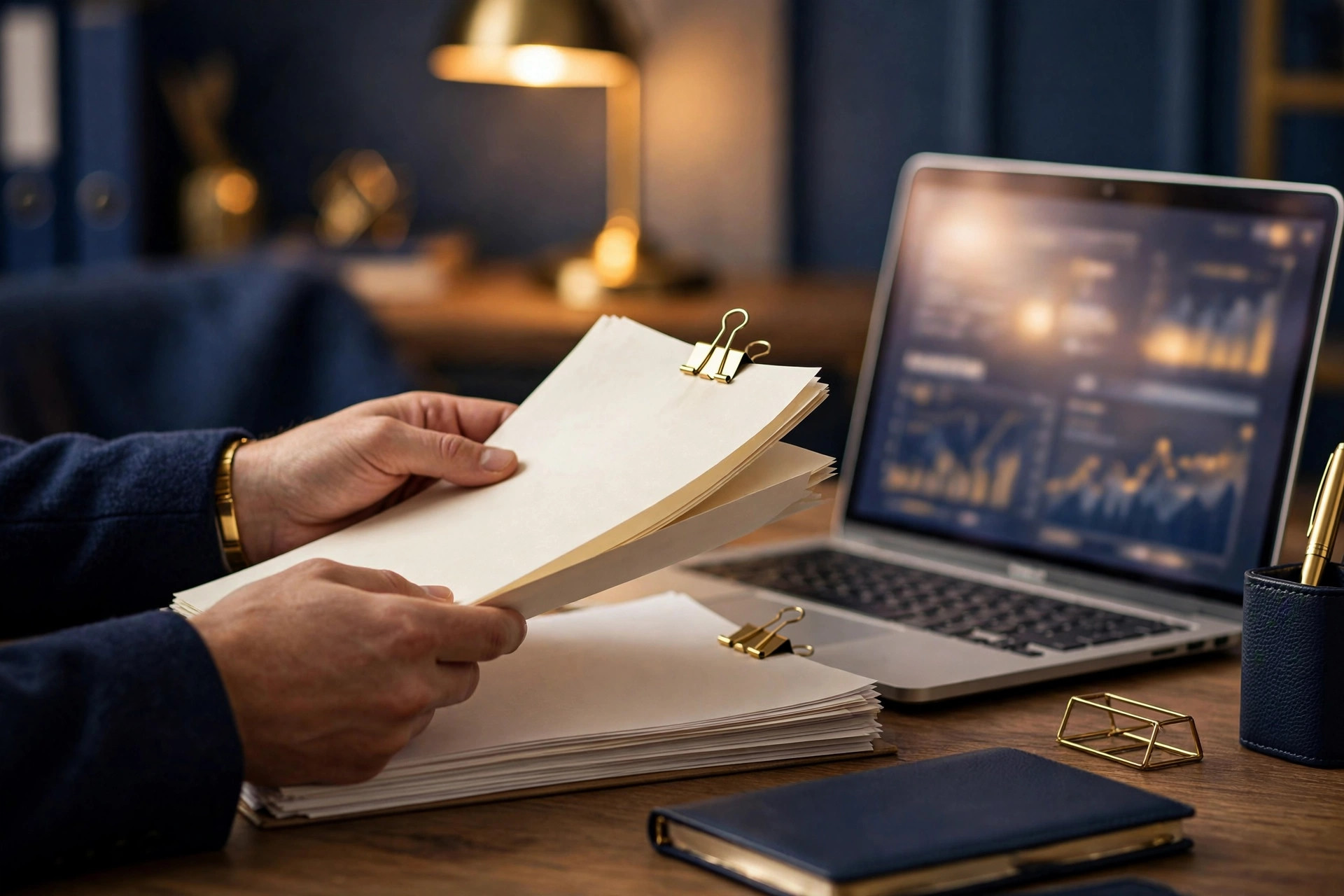 A mortgage underwriter's hands reviewing a paper loan file beside a laptop — a human decision instead of an automated credit-score denial
