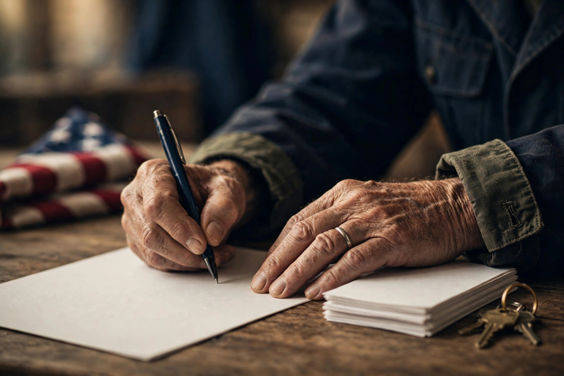 Veteran at a closing table reviewing buydown paperwork, keys and documents on the table