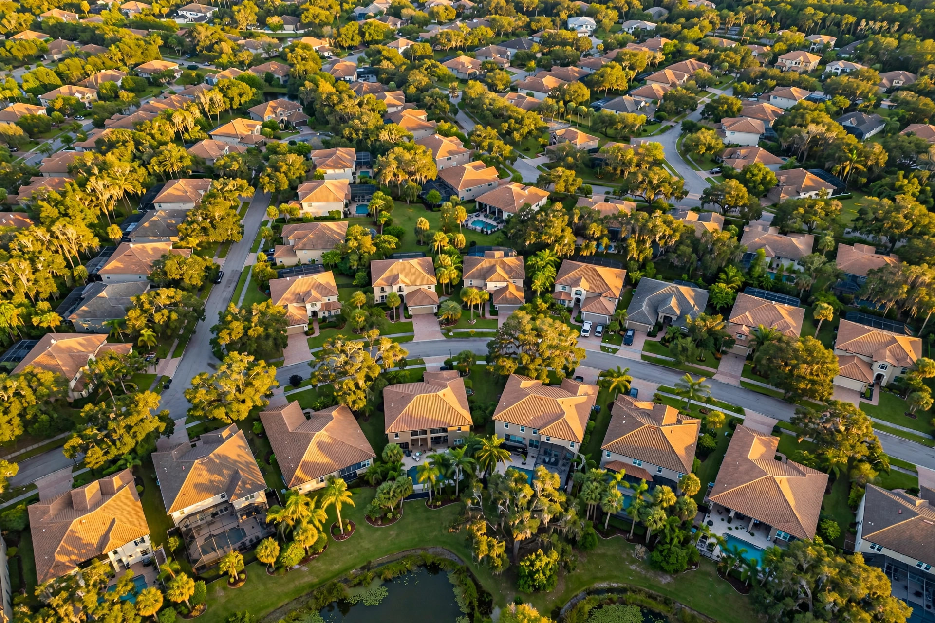 Aerial view of a suburban Jacksonville Florida neighborhood at golden hour — VA cash-out refinance