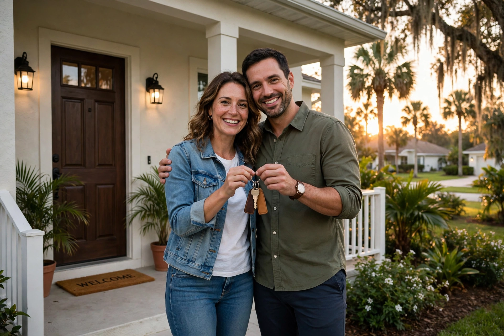 A couple standing on the front porch of a Florida suburban home with palm trees at golden hour, holding house keys