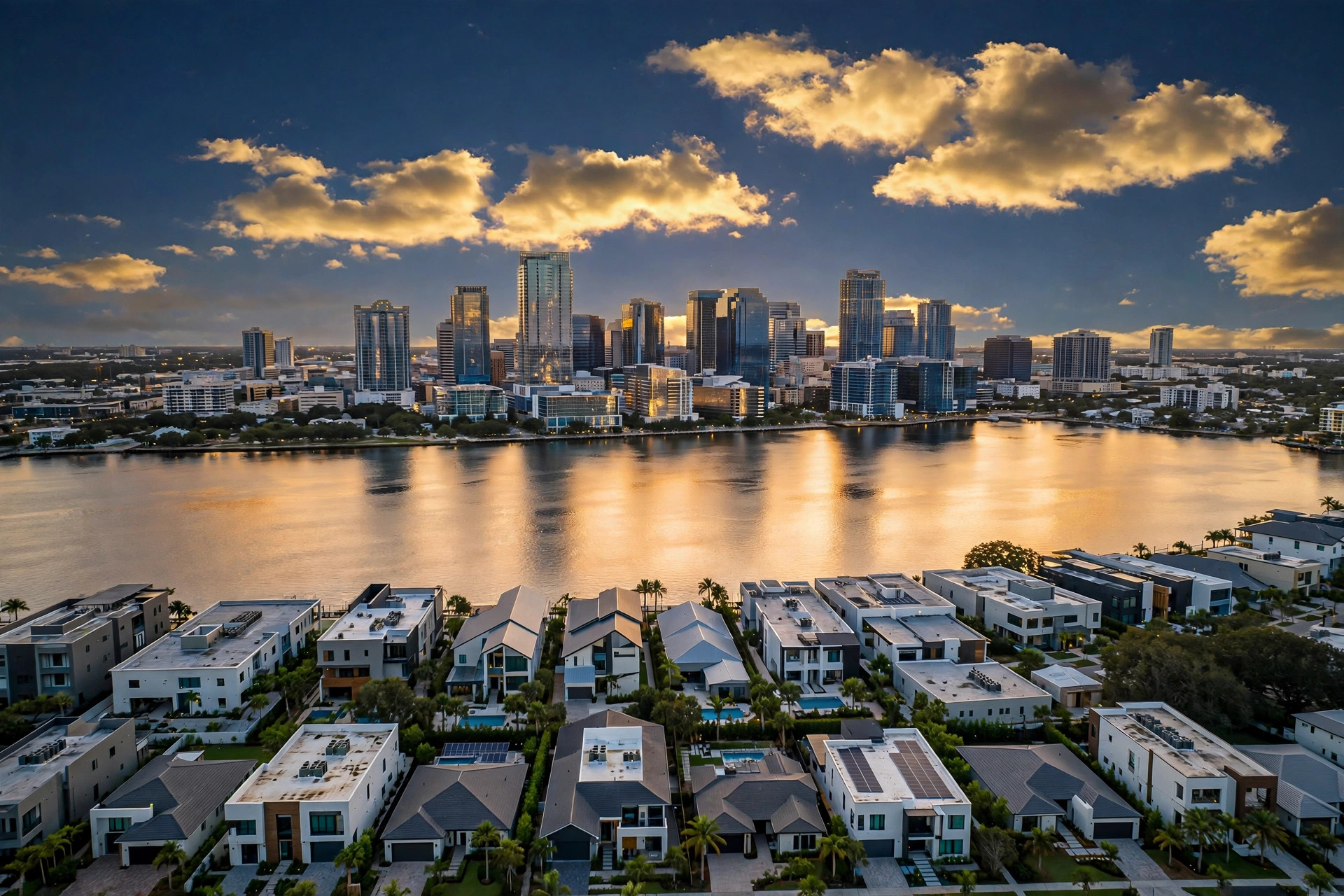 Aerial view of a Florida waterfront city skyline at golden hour — Jacksonville business owners and the Chase business banking expansion
