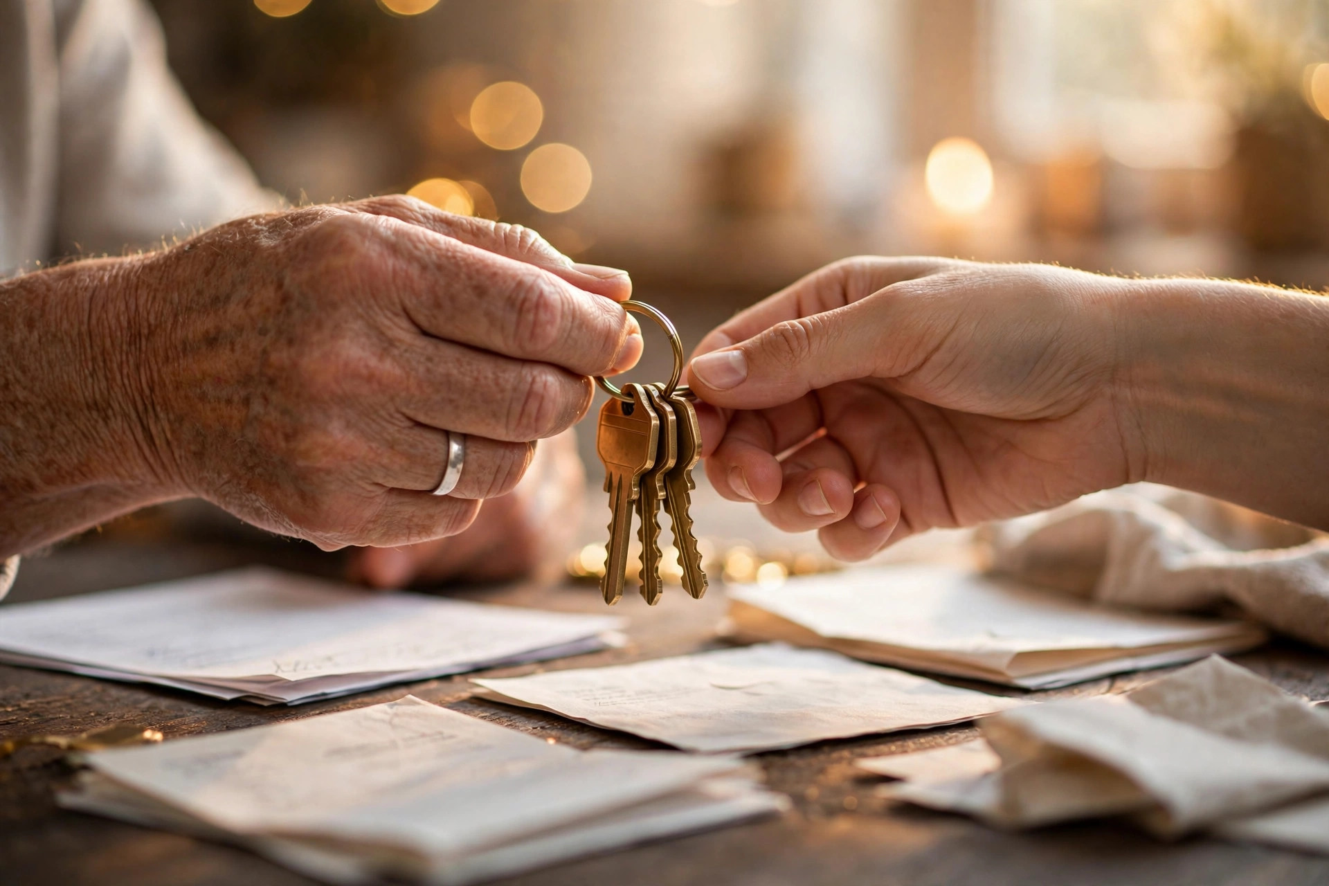 Close-up of hands receiving house keys across a closing table covered with mortgage documents, no text.