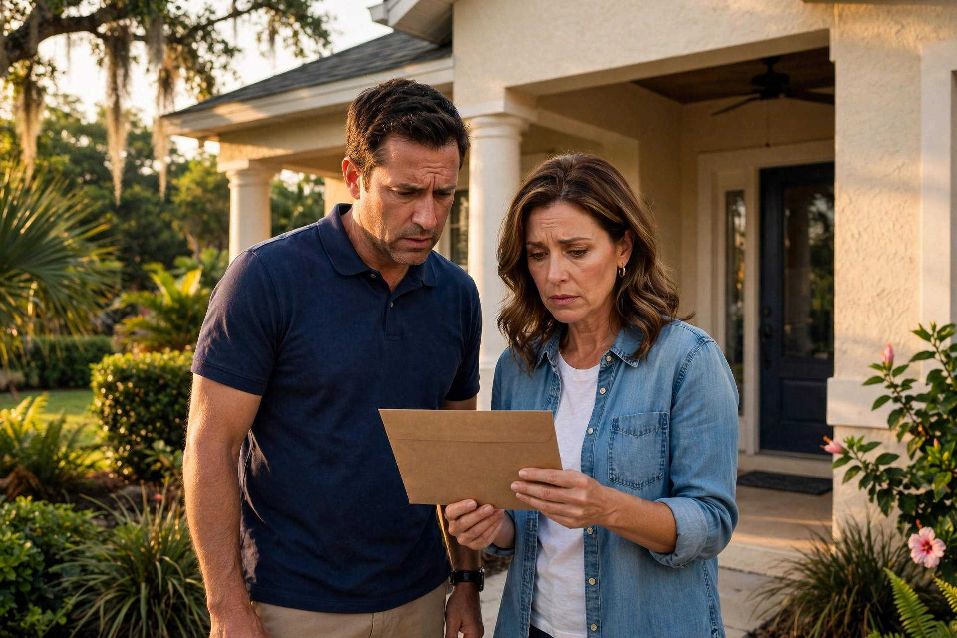 Magnifying glass over an escrow analysis statement, a homeowners insurance renewal bill, and a Florida property tax notice — illustrating why mortgage payments rise without a rate change