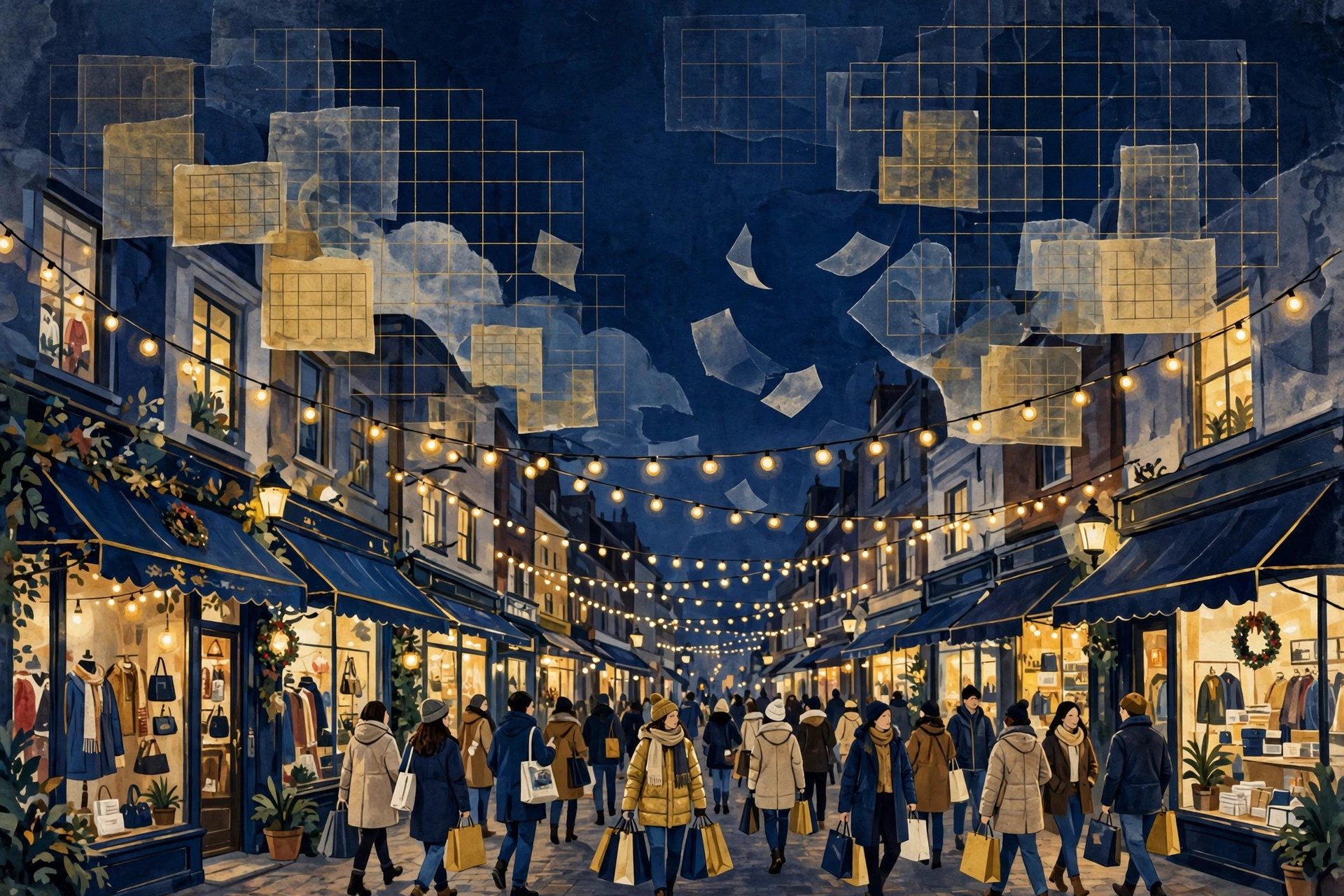 Holiday shopping street with gold lights — year-end consumer spending flows into the November and December inflation prints