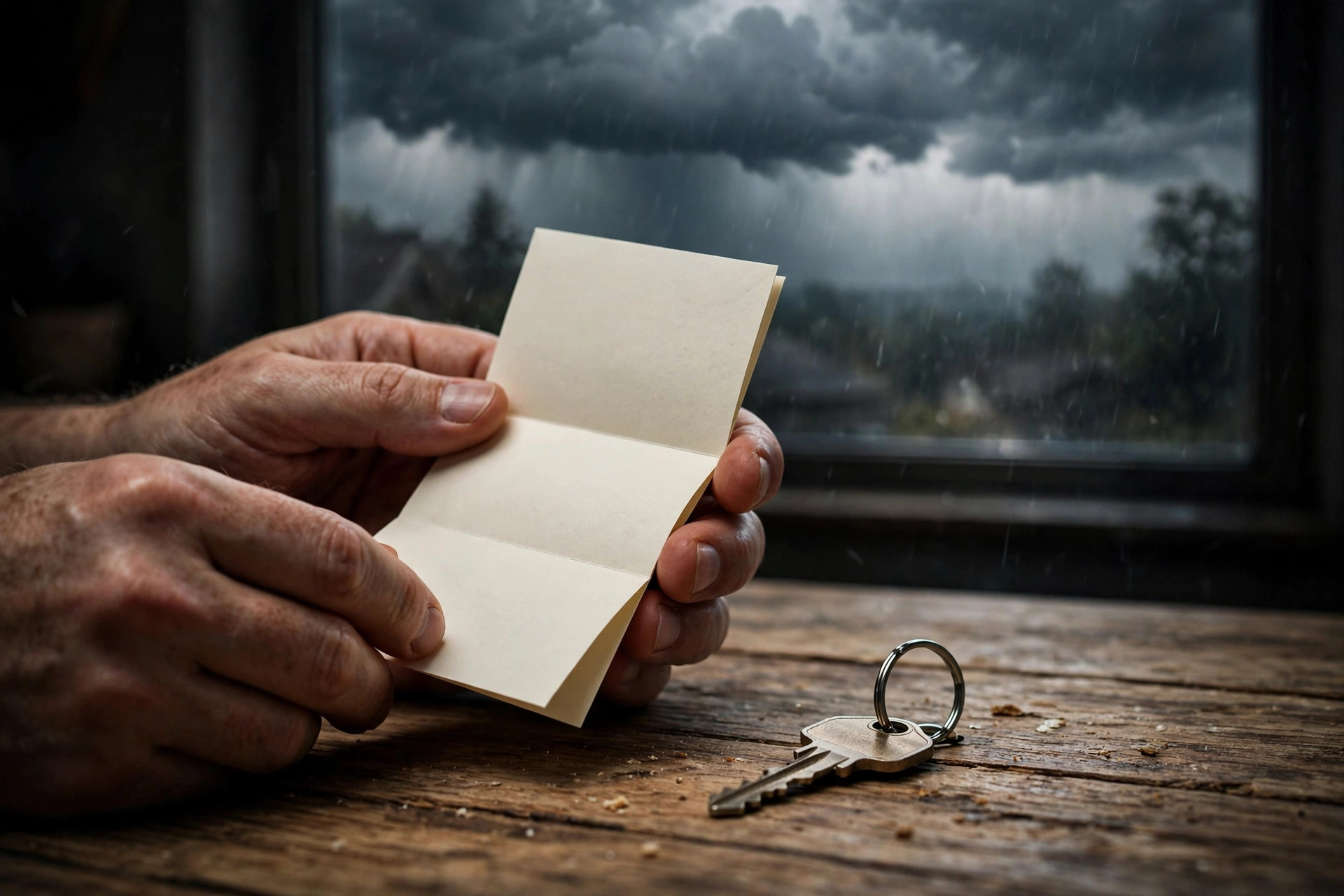 A Florida home under dark storm clouds with a prominent homeowners insurance bill, showing how hurricane and wind costs flow straight into the monthly escrow payment