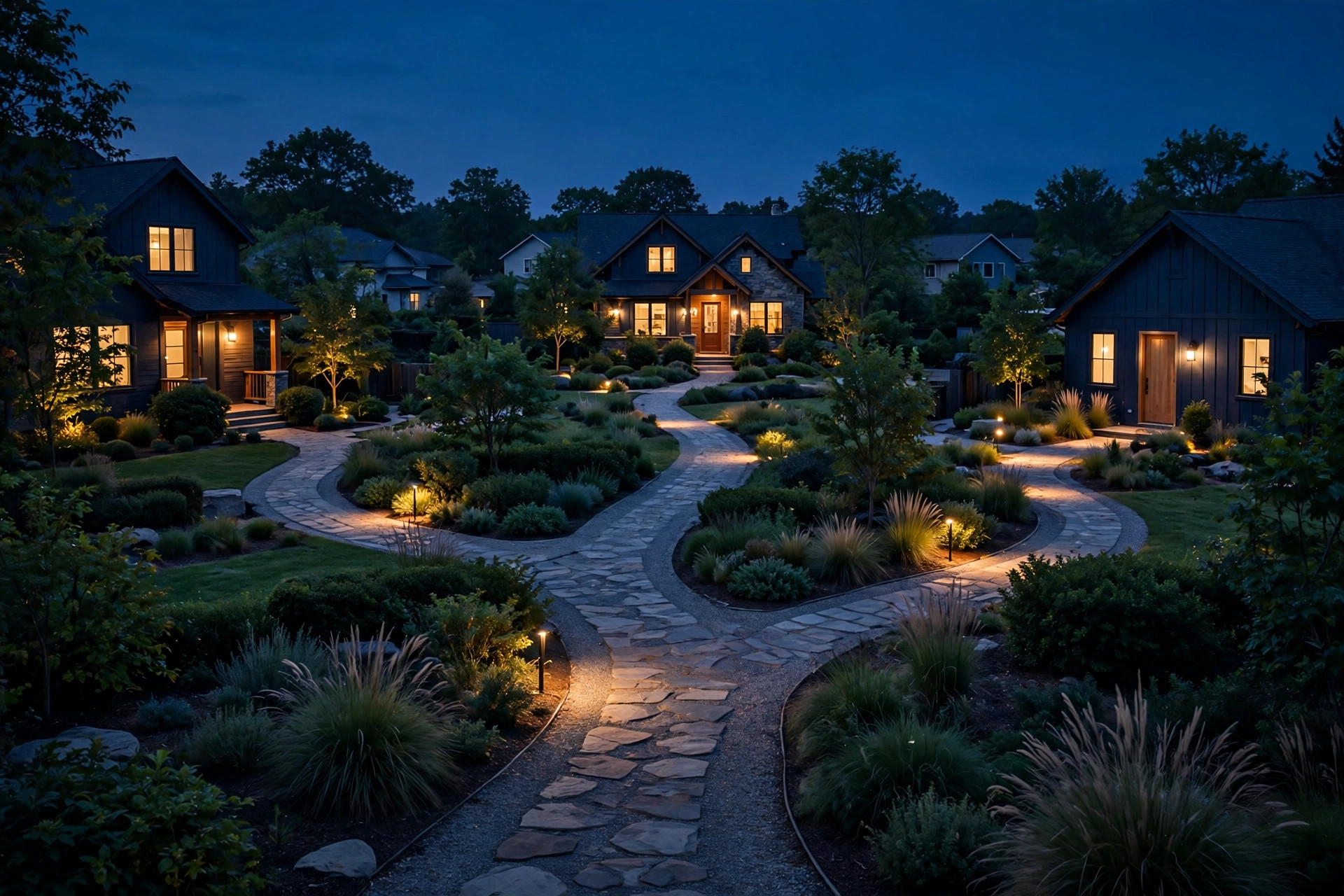 A path splitting into three directions toward homes