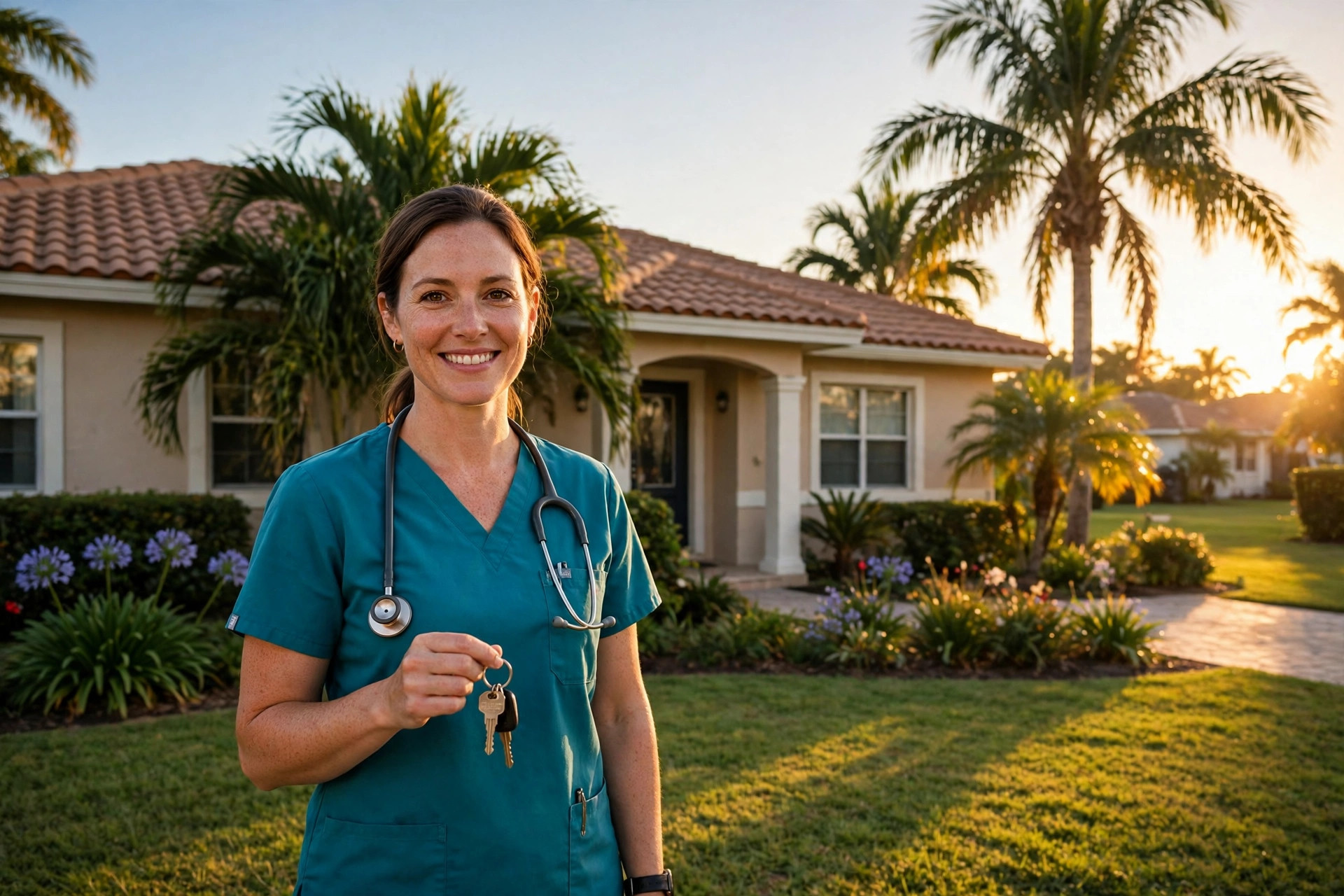 Registered nurse in scrubs holding house keys in front of a Jacksonville Florida home at golden hour