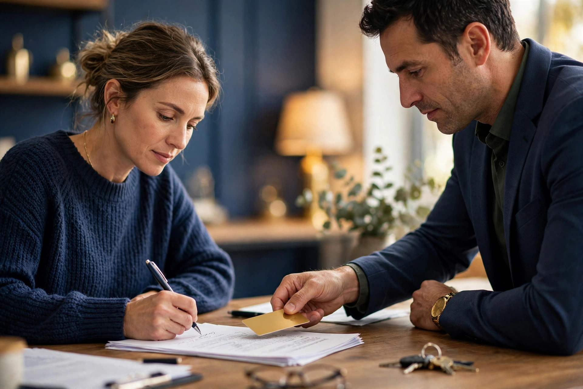 A calculator and loan paperwork illustrating the math behind a no-closing-cost refinance