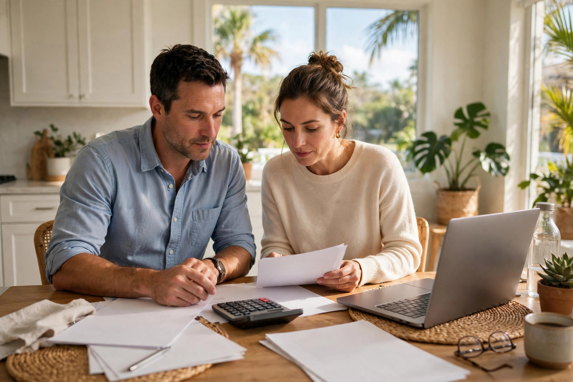 A couple reviewing household paperwork and a calculator at a kitchen table
