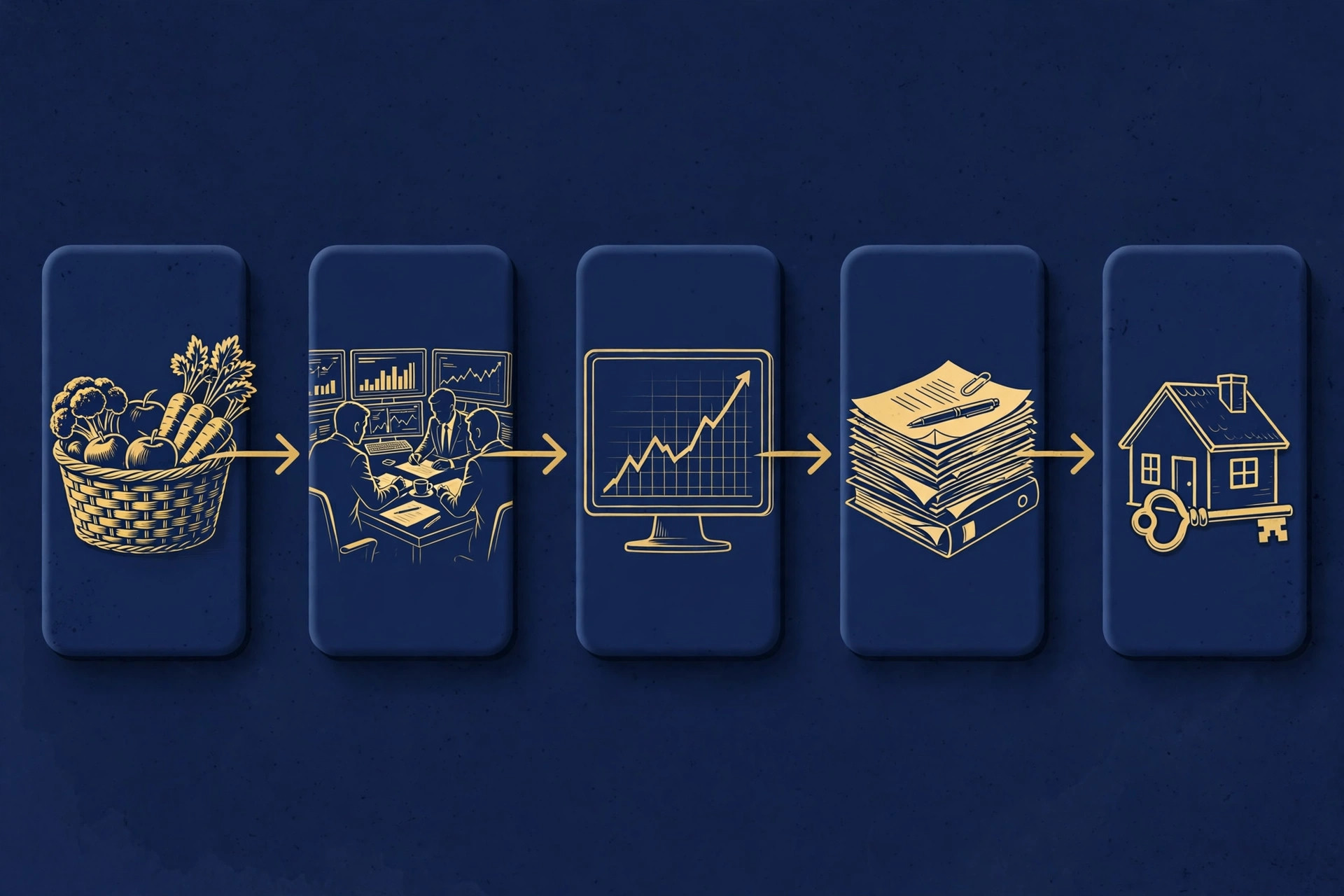 Illustration of the chain from CPI to mortgage rates: grocery basket, bond investors, a rising yield curve, mortgage documents, and a house with a key