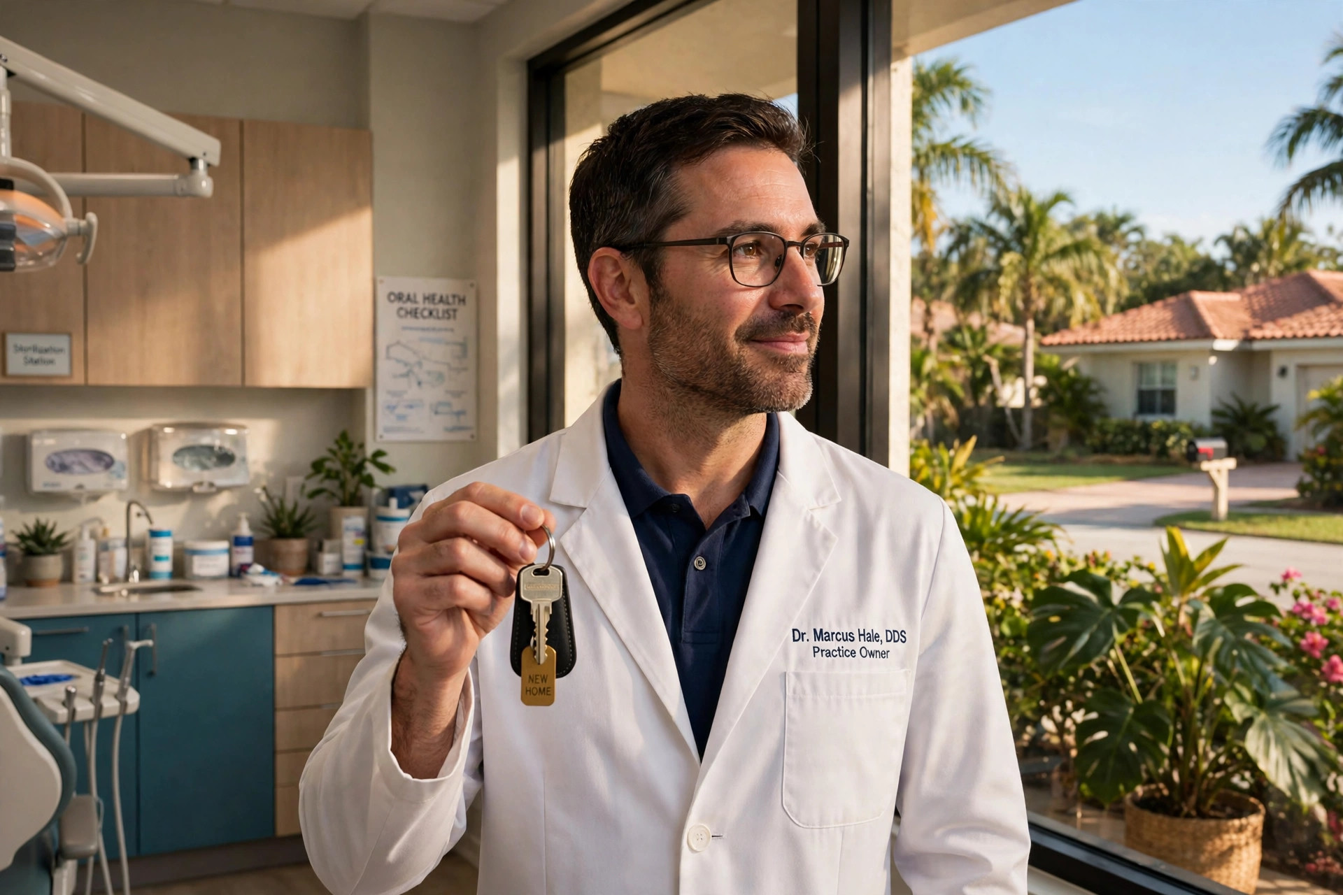 Dentist practice owner holding house keys, weighing a professional loan program against a conventional mortgage