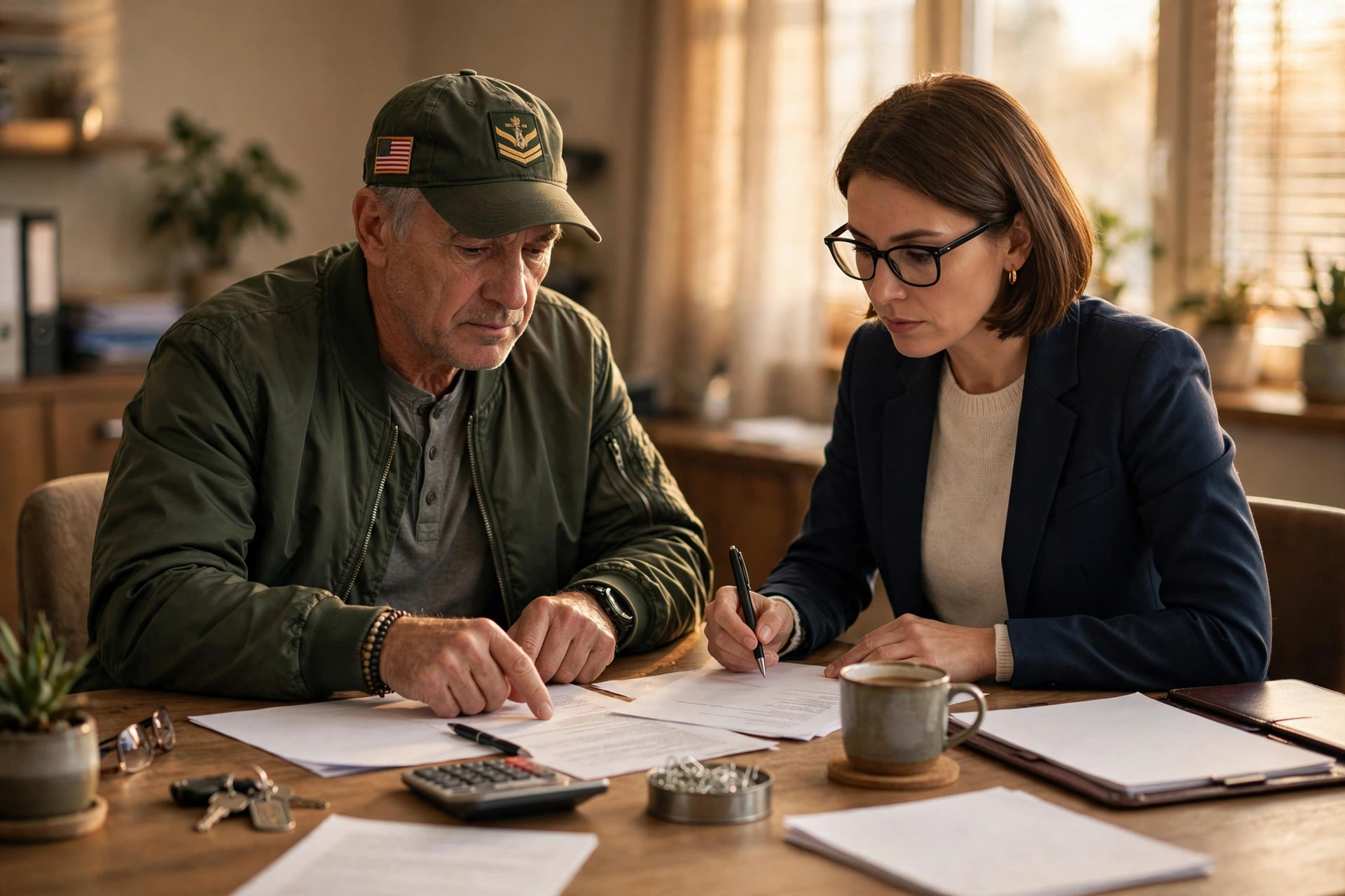 Veteran homebuyer reviewing VA condo loan paperwork with a mortgage professional at a closing table