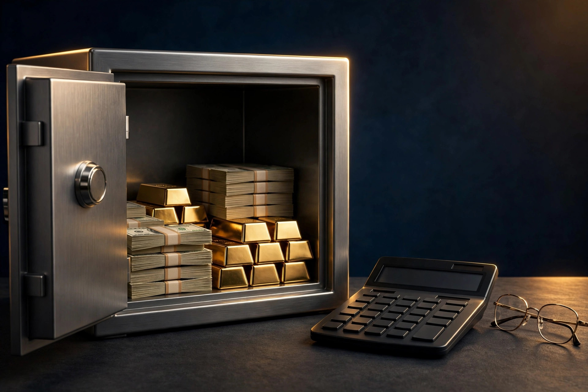 Open safe with cash and gold bars beside a calculator — the opportunity cost of parking capital at a bank for a rate discount