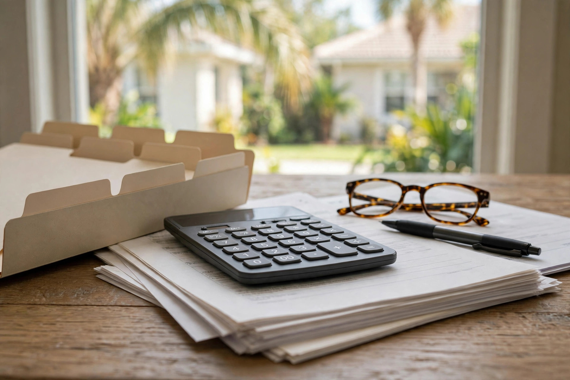 Homebuyer reviewing down payment assistance paperwork, a calculator and loan documents at the kitchen table