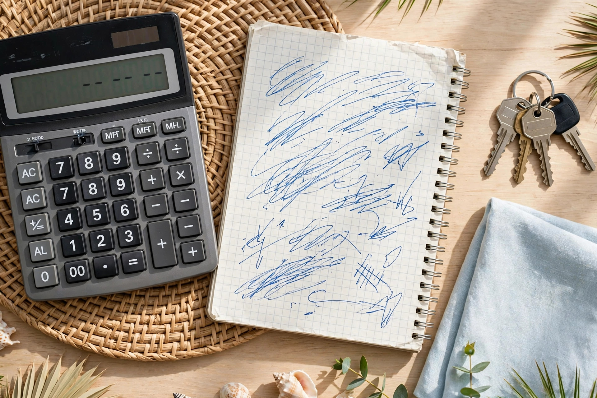 Calculator and notepad with buyout mortgage math on a kitchen table