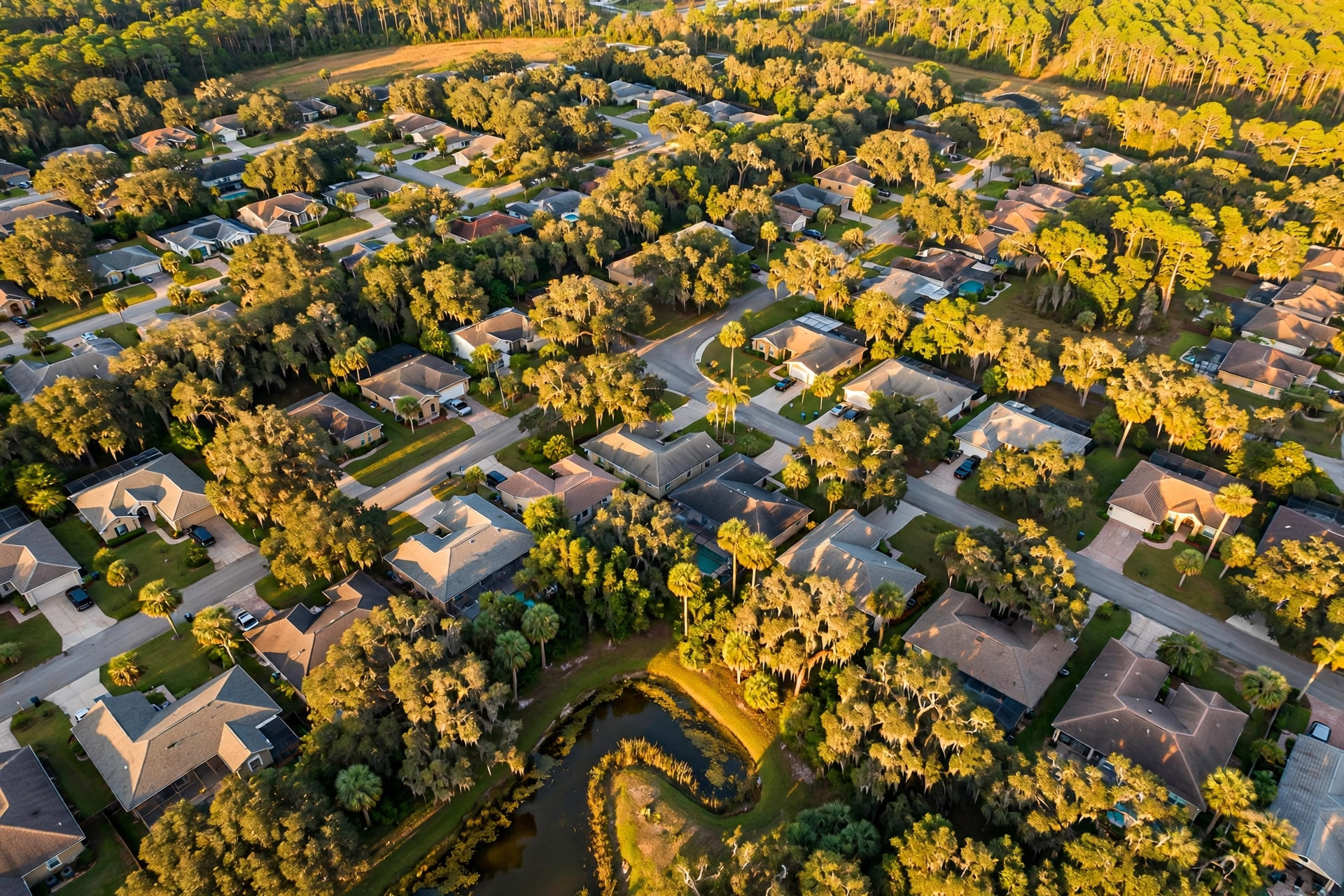 Aerial view of a suburban Jacksonville Florida neighborhood