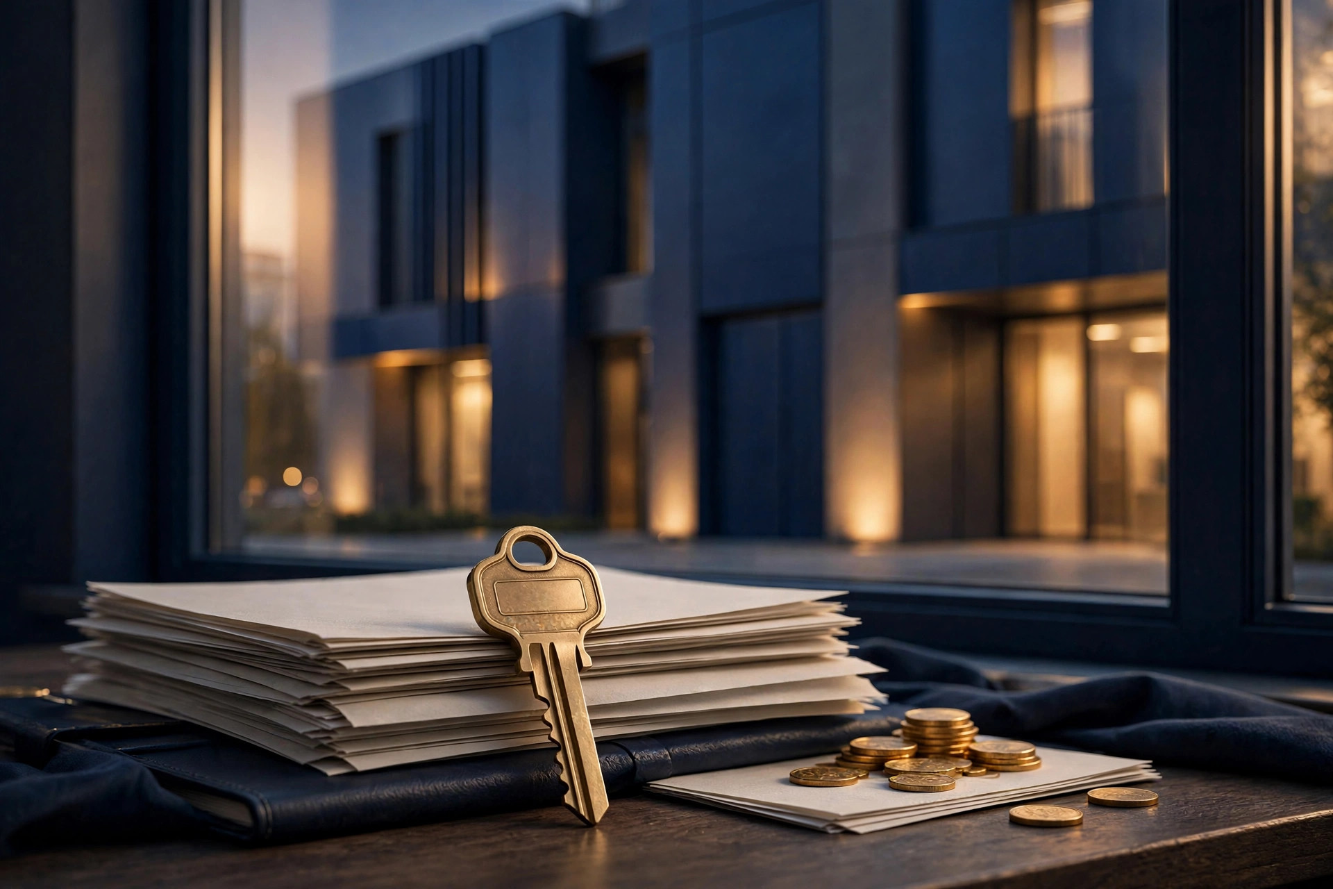 Golden house key resting on mortgage loan documents with a bank building behind — Chase relationship pricing mortgage rate discount
