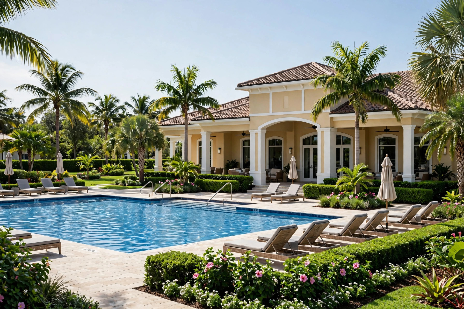 A well-kept Florida planned community clubhouse and pool, the kind of shared amenity HOA dues pay for