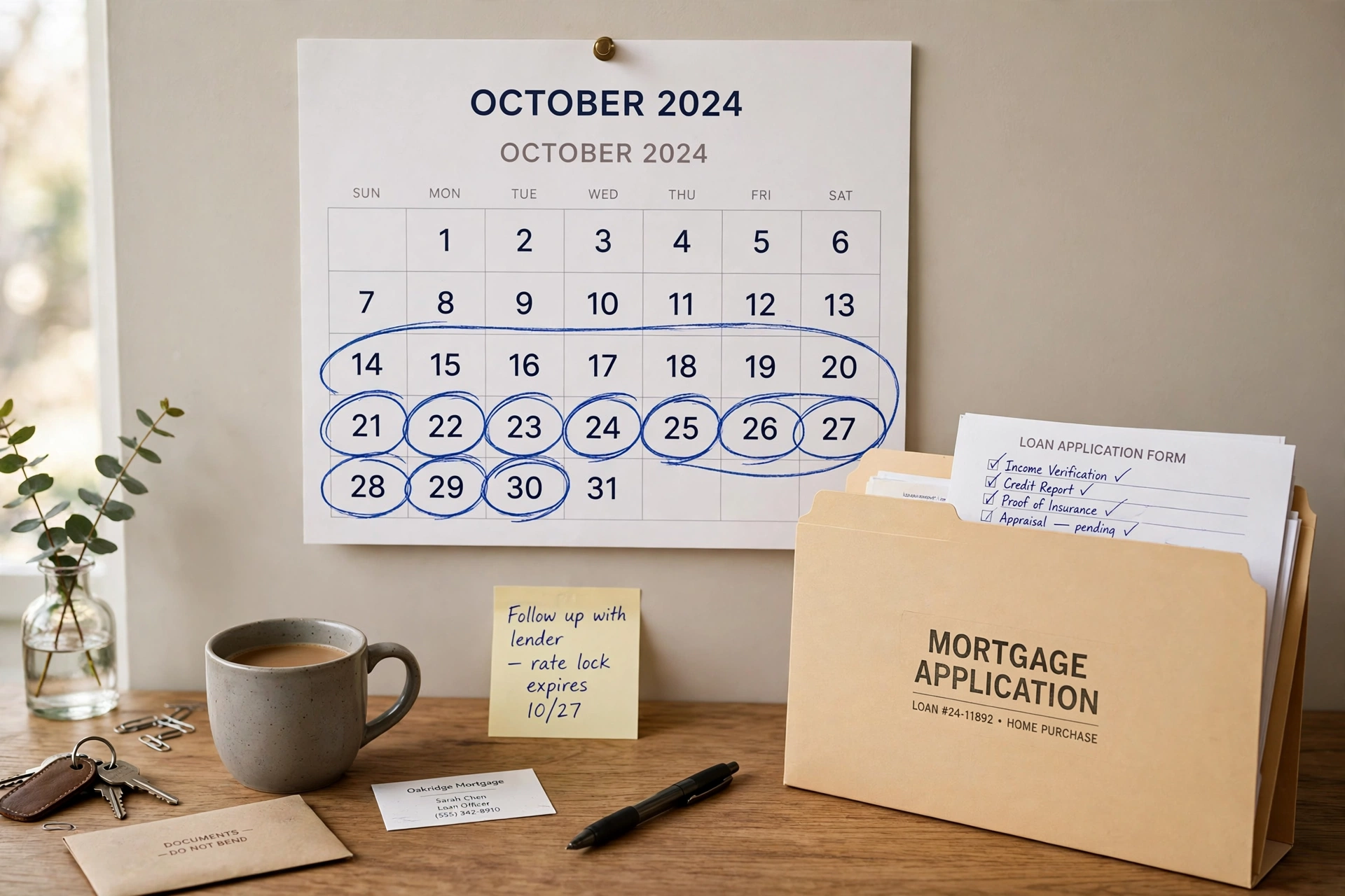 Wall calendar with a two-week window circled in pen, a mortgage application folder beside it on a desk