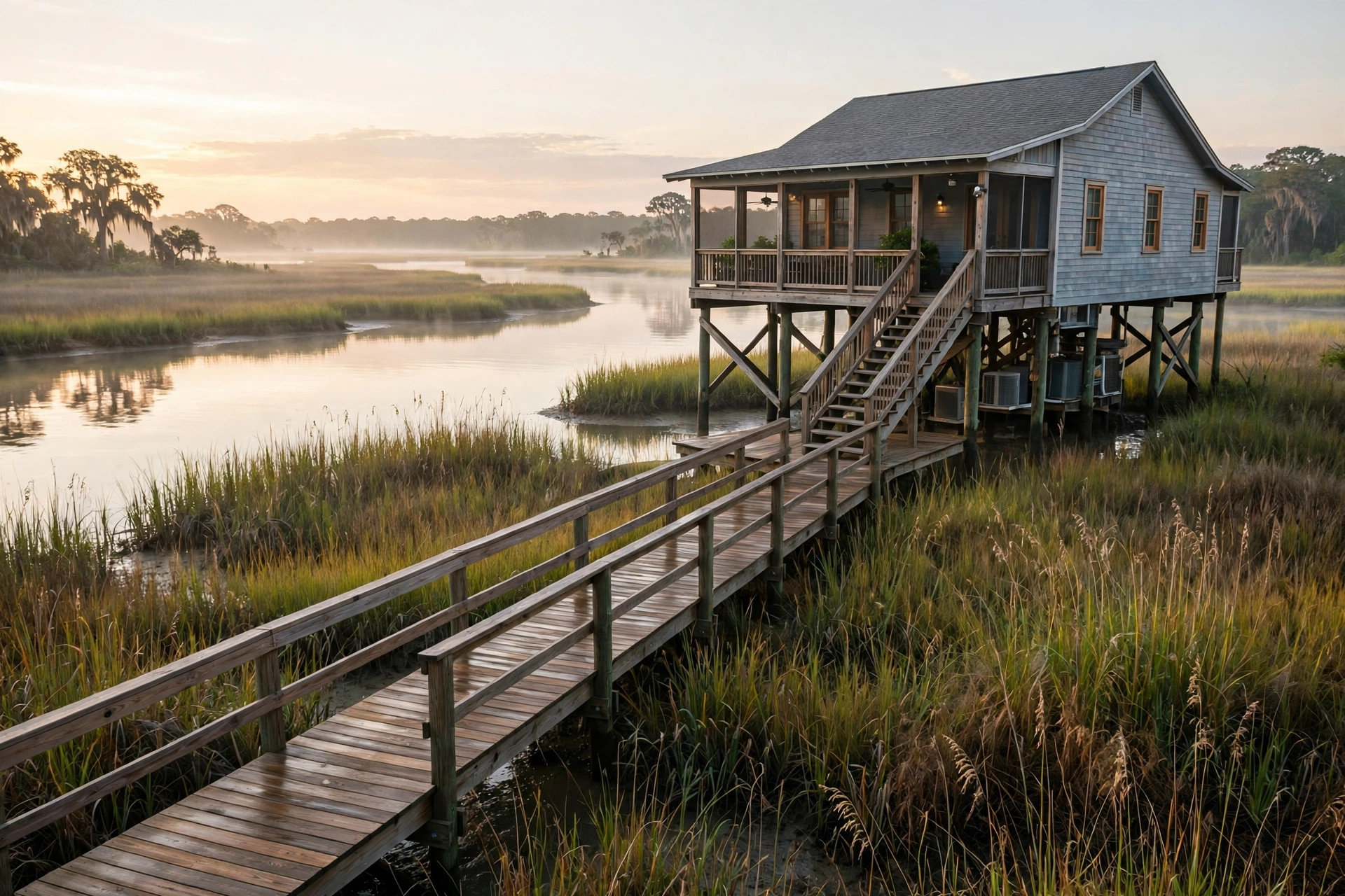 An elevated coastal Florida home near a marsh and waterway at sunrise